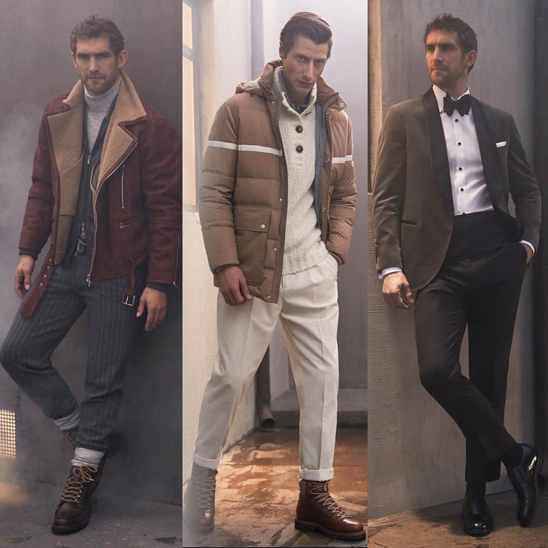 干場義雅さんのインスタグラム写真 - (干場義雅Instagram)「【FALL 2020 MENSWEAR】 BRUNELLO CUCINELLI 最新コレクション干場的BEST 3。ベーシックカラーを、最上の素材を使ってエレガントスポーティなスタイルを表現するブルネロ クチネリ。今シーズンは、「TOWN ABOUT MAN」をテーマに、多様化する都市で生きる現代的な男性に似合う、エレガンスと機能性を追求したアウトドアテイストを混ぜたスタイルを発表しました。ネイビー、グレー、ブラウン、ベージュ、白、サックスブルーといった、いつものクチネリカラーに加わったのが、ザクロ、キャロット、コーンといった挿し色。そしてキャメル、サンド、エクリュの柔らかな色合い。素材は、スーツは厳選されたより高級な生地で、その他のアイテムはカシミヤを代表する高級天然繊維と超軽量の機能性素材が使われていました。中でも気になったのがこの３スタイル。左のムートンライダーズジャケット、真ん中のマウンテンブーツ。右のベルベッドのタキシードも黒以外のニュアンスカラーが使われ、とっても素敵でした。イタリアを牽引するクチネリ、気になる方はぜひコレクションを全部チェックしてみてはいかがでしょう！ ＝＝＝＝＝＝＝＝＝＝＝＝＝＝＝＝＝＝＝＝＝＝＝＝＝＝＝＝＝ @brunellocucinelli_brand  #brunellocucinelli  #ブルネロクチネリ  #milanocollection #FORZASTYLE #干場義雅 #yoshimasa_hoshiba  @yoshimasa_hoshiba #milano  #pitti #pittiuomo  #pitti2020 #mensstyle  #mensfashion #fashion #coordinate #menswear #ootd #ootdshare」1月21日 1時20分 - yoshimasa_hoshiba