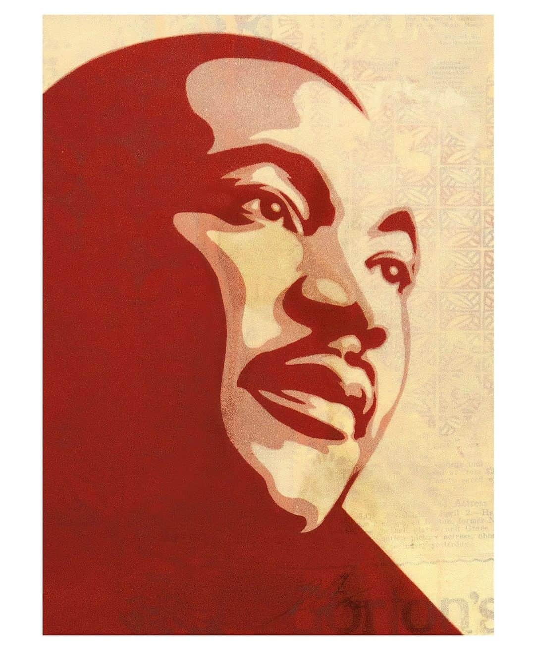 Shepard Faireyのインスタグラム：「Martin Luther King is a hero of mine because he articulated, and embodied in his life, profound sentiments like this one:⁠ ⠀⠀⠀⠀⠀⠀⠀⠀⠀⁠⠀⁠ Violence as a way of achieving racial justice is both impractical and immoral. It is impractical because it is a descending spiral ending in destruction for all. The old law of an eye for an eye leaves everybody blind. It is immoral because it seeks to humiliate the opponent rather than win his understanding; it seeks to annihilate rather than to convert. Violence is immoral because it thrives on hatred rather than love. It destroys a community and makes brotherhood impossible. It leaves society in monologue rather than dialogue. Violence ends by defeating itself. It creates bitterness in the survivors and brutality in the destroyers. –Dr. Martin Luther King, Jr.⁠ ⠀⠀⠀⠀⠀⠀⠀⠀⠀⁠⠀⁠ From the archives:⁠ MLK RUBYLITH, 2012⁠ Handcut Rubylith Illustration⁠ Sound and Vision⁠ 16 1/8 x 20 1/2 inches⁠ ⠀⠀⠀⠀⠀⠀⠀⠀⠀⁠⠀⁠ #MLKDay #MartinLutherKingJr #MartinLutherKingDay #obey #obeygiant #shepardfairey」