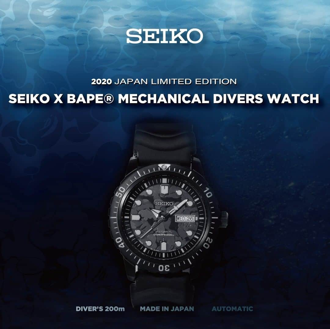 ア ベイシング エイプさんのインスタグラム写真 - (ア ベイシング エイプInstagram)「BAPE® proudly presents a new collaboration with @seikowatchofficial, a Japanese watchmaker loved worldwide. Collaborating with BAPE®, SEIKO brings the latest model of its “Diver’s Watch”, a timeless masterpiece that has continued to evolve for over 50 years since its first debut in 1965. It features BAPE®’s original ABC CAMO on its dial face and belt to create an unignorable presence. The watch’s back is engraved with “A BATHING APE LIMITED EDITION” to create an exclusive finishing touch. The watch will be exclusively available at A BATHING APE® locations in Japan and BAPE.COM WEBSTORE on Saturday, January 25th. #bape #seiko」1月21日 8時00分 - bape_japan