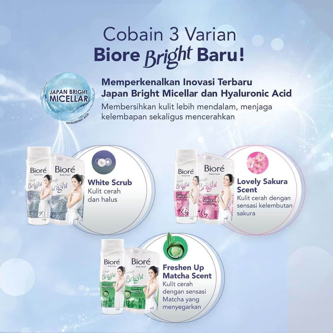 のインスタグラム：「Kulitmu kusam dan kering? Waktunya kamu cobain Biore Body Bright, Beautynesian!  Sabun mandi dengan teknologi Japan Bright Micellar dan Hyaluronic Acid pertama di Indonesia ini bisa membersihkan sekaligus menjaga kelembapan dan mencerahkan kulit kamu.  Ada 3 varian yang bisa kamu pilih, yaitu White Scrub, Lovely Sakura Scent dan Freshen Up Matcha Scent. Varian White Scrub cocok buat kamu yang ingin memiliki kulit cerah dan halus. Varian Lovely Sakura Scent cocok untuk kamu yang ingin kulit lebih cerah dengan sensasi kelembutan bunga Sakura. Sedangkan Freshen Up Matcha Scent pilihan tepat untuk kamu yang ingin mencerahkan kulit dengan sensasi matcha yang bikin segar!  Yuk cobain varian yang paling kamu suka!  #Beautynesia #BeautynesiaID #KireiBrightSkin #CerahKenyalBercahaya #beautynesiareview #BioreBrightXBeautynesia」