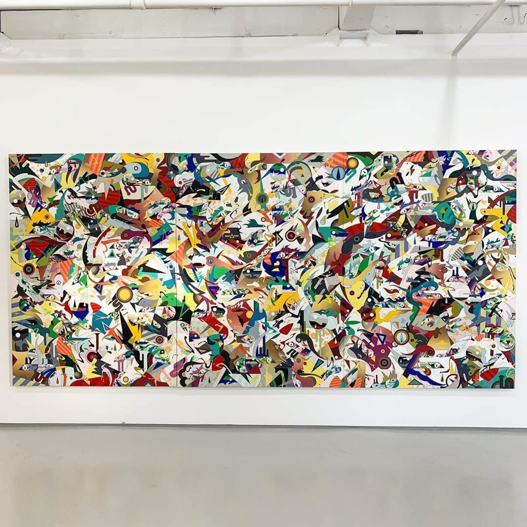 松山智一のインスタグラム：「“Keep Fishin’ For Twilight”, 2017 Acrylic on canvas Triptych , 15ft x 7ft」