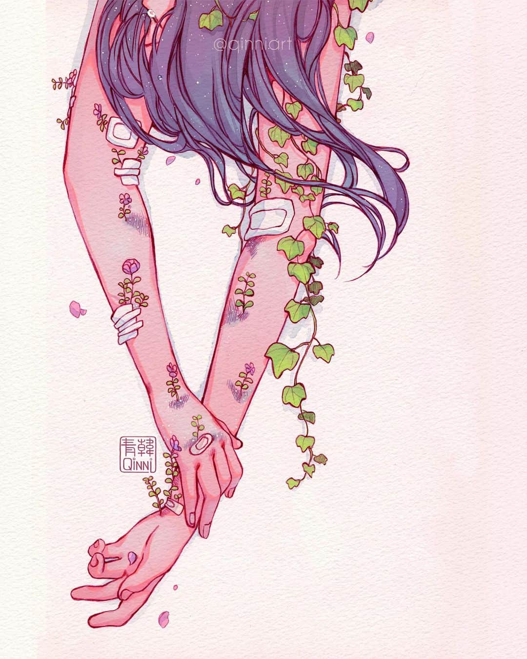 Qing Hanのインスタグラム：「[Flowering Wounds] • Sometimes I like to pretend my blue and purple hospital bruises are little galaxies 🌌 • • //health update// So I haven't really been updating things here on insta, sorry; it's just easier to update stuff on twitter and patreon xD;;. Basically I had my first chemo session; it made my body have some pretty bad fluid retention, so I ended up gaining about 7kg of liquid in my body and they had to transfer me to the emergency room. It took about a week for them to finally remove this liquid cyst that my body gained from the chemo, and the liquid was 2L lmao. I was in so much pain for a week it's kinda ridiculous tbh.... but yeah, I got discharged from the hospital last week and my next round of chemo is coming up next week. I hope there's no repeat of what happened omfg D;;;. docs said they're gonna be a lot more careful about fluid retention this time so...fingers crossed >__<~ but hey, I'm still alive! yay. xD」