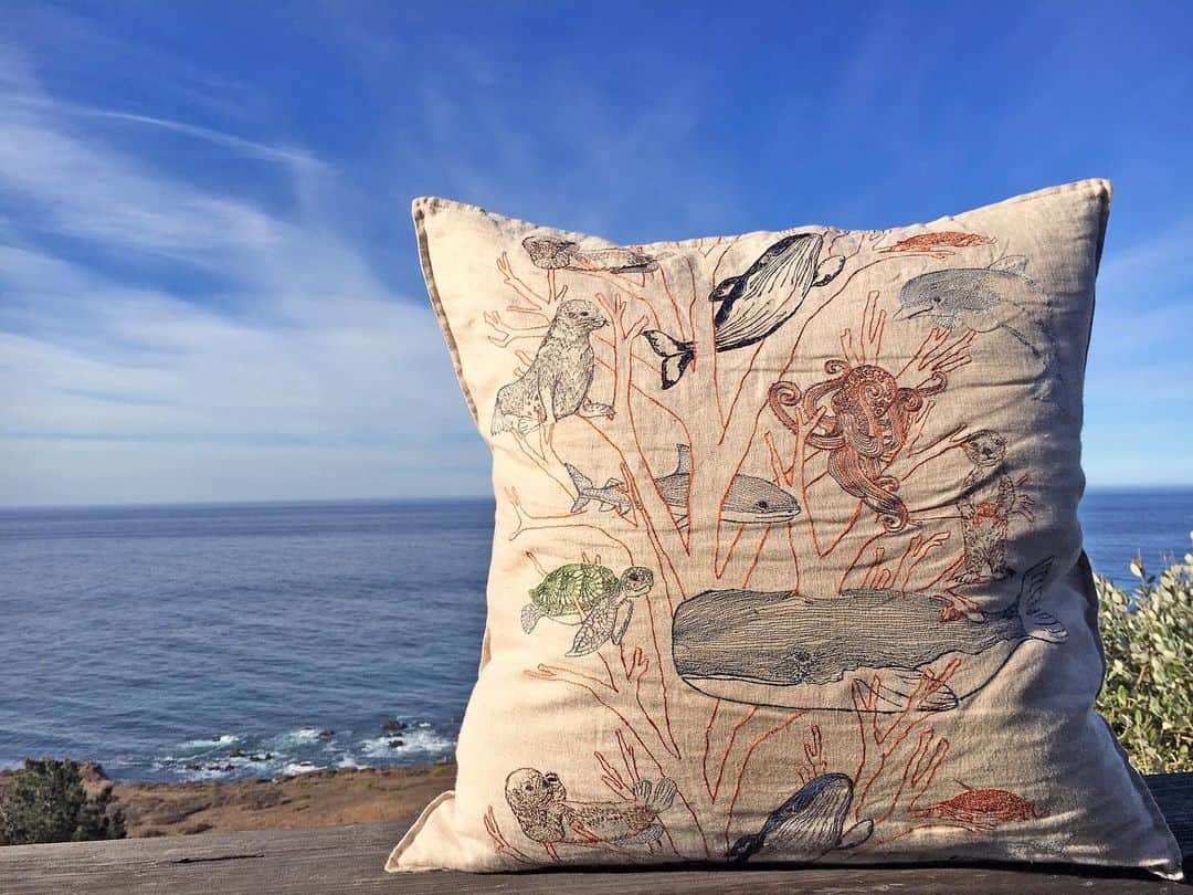 のインスタグラム：「This week we are on location photographing our new Spring/Summer collection ⛵️ and are looking back on our previous ocean inspired designs. Here’s a picture from a couple of years ago of our Coral Forest pillow in Big Sur! Stay tuned this week for more ocean #throwbacks and a behind the scenes look at our photoshoot! #coralandtusk #coralandtuskcoastal」