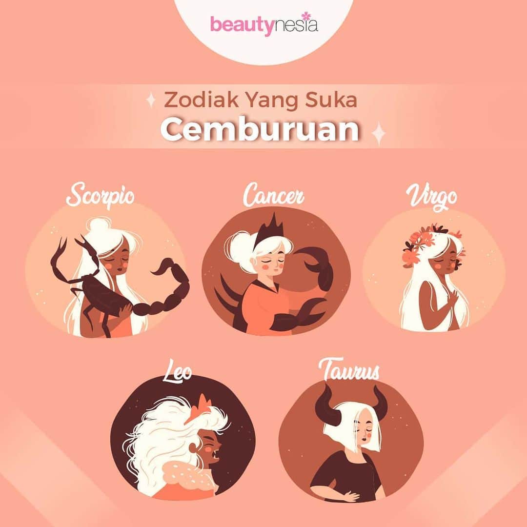 のインスタグラム：「Rasa cemburu itu wajar kok asalkan nggak berlebihan, Beautynesian. Tapi ada beberapa zodiak yang cenderung memiliki rasa cemburu yang lebih lho. Ceki-ceki yuk!  1. Scorpio Mudah curiga sama doi, tapi terus terang tentang rasa cemburunya 2. Cancer Sering baper dan cemburuan banget sama doi 3. Virgo Kamu suka overanalyzing, bikin rasa cemburu semakin kuat 4. Leo Cemburuan kalau doi mulai cuek atau nggak perhatian lagi 5. Taurus Nggak suka marah, tapi kalau curiga sama doi langsung minta putus  Nah zodiak kamu ada di atas nggak, Beautynesian? 😆  Mau info lengkapnya? Cek di Instastory kita ya! #Beautynesia #BeautynesiaID #zodiak #zodiakharian #zodiakremaja」
