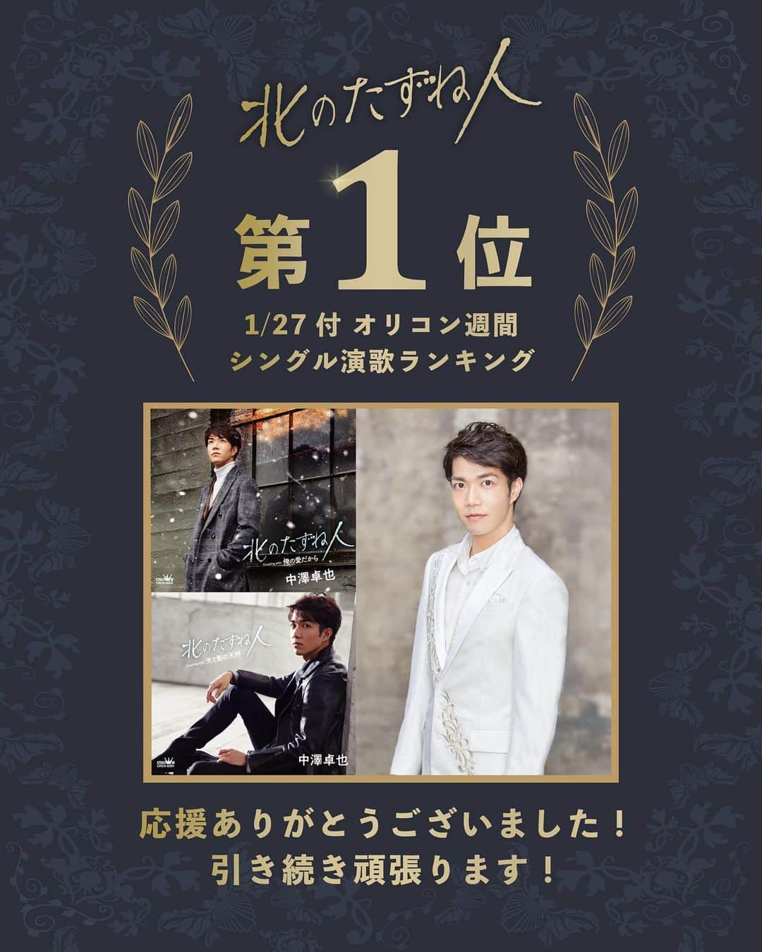 中澤卓也のインスタグラム：「・ ／ オリコン週間シングル 演歌ランキング第1位👑 ＼  すっっっごく嬉しい お知らせです😍😍😍 #北のたずね人 がなんと！ 週間シングルで第1位✨ ・ ちなみに、オリコン週間 シングルランキングは11位！ ・ これも、みなさんの応援の おかげです！！！ 本当にありがとうございます😭 ・ #中澤卓也 #オリコン #皆さまに感謝 #引き続き頑張ります！」