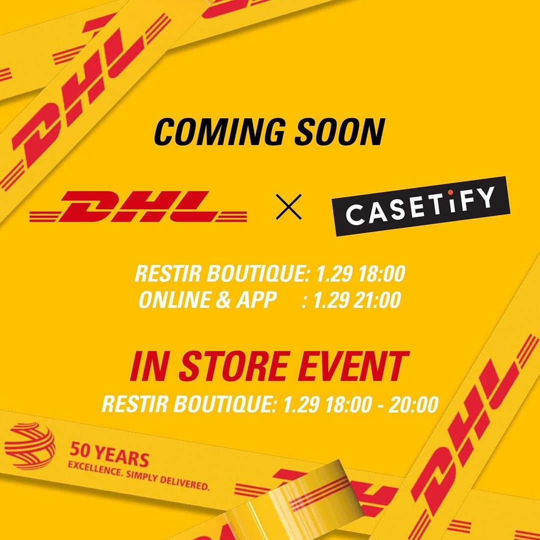 リステアさんのインスタグラム写真 - (リステアInstagram)「COMING SOON >>>>> @dhl_global x @casetify IN STORE EVENT at @restirofficial. ・ 注目のコラボコレクションがRESTIRに登場。 公式サイトで完売したアイテムを国内独占販売 & ローンチ日にインストアイベントを開催！ ・ ◆イベント日時◆ 2020年1月29日(水) 18:00 - 20:00. ・ ◆開催場所◆  RESTIR BOUTIQUE 東京都港区赤坂9-6-17 TEL:03-5413-3708 ・ ◆発売日◆ 2020年1月29日（水）18:00 店頭販売開始 2020年1月29日（水）21:00  オンライン販売開始 ・ DHLの50周年を祝してCASETiFYのオンラインストアで販売され、瞬く間に完売したコラボコレクション。 今回RESTIRでは、第1弾（2019年10月発売）、第2弾（2020年1月発売）で販売されたiPhoneケースやテックアクセサリー、スマートフォンを収納できるスリングポーチといった人気商品が復活。DHLのシグネチャーである運送状やコーポレートカラーの黄色と赤をあしらった遊び心溢れるデザインに加え、50周年を記念してつくられたスペシャルエディションのiPhoneケースなど、注目の商品を国内独占販売致します。 ・ 29日のローンチ当日にはDHL JAPAN全面協力のもとインストアイベントも開催。この機会に、是非ご来店ください。 ・ ・ @restirofficial #restir #casetify #dhl #dhlxcasetify」1月22日 23時32分 - restirofficial