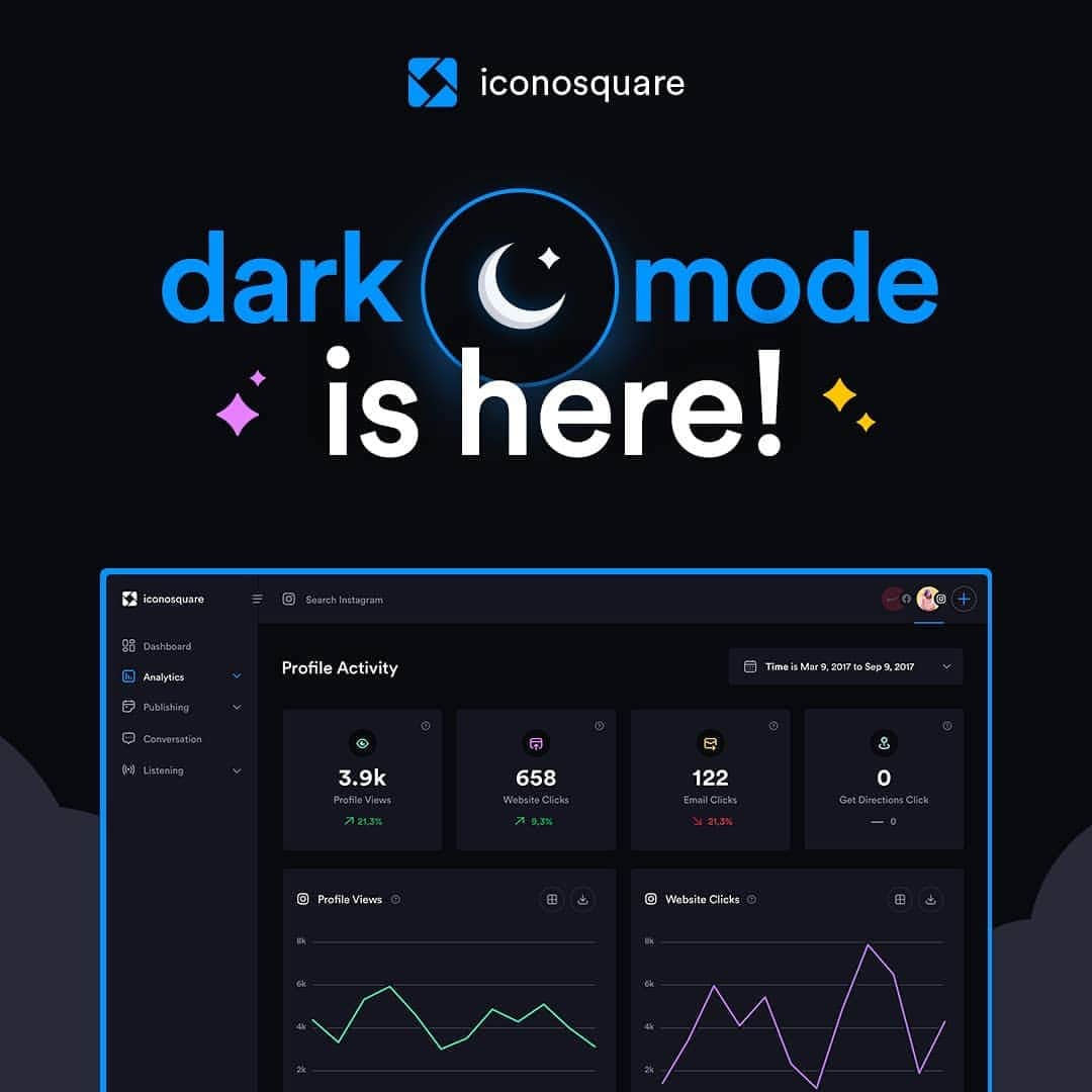 Iconosquareさんのインスタグラム写真 - (IconosquareInstagram)「Are you a fan of Dark Mode for your desktop and smartphone apps?  Then we have exciting news for you!  Iconosquare just launched Dark Mode, and you can now make the switch on your account. ✨🌙 Log in and give it a go now! Link in bio 🔗」1月23日 0時00分 - iconosquare