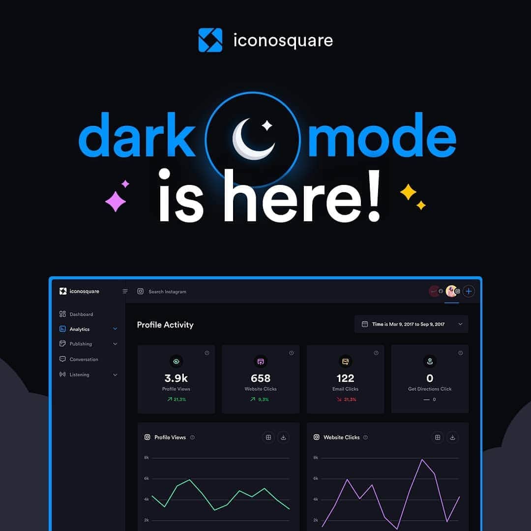 Iconosquareのインスタグラム：「Are you a fan of Dark Mode for your desktop and smartphone apps?  Then we have exciting news for you!  Iconosquare just launched Dark Mode, and you can now make the switch on your account. ✨🌙 Log in and give it a go now! Link in bio 🔗」