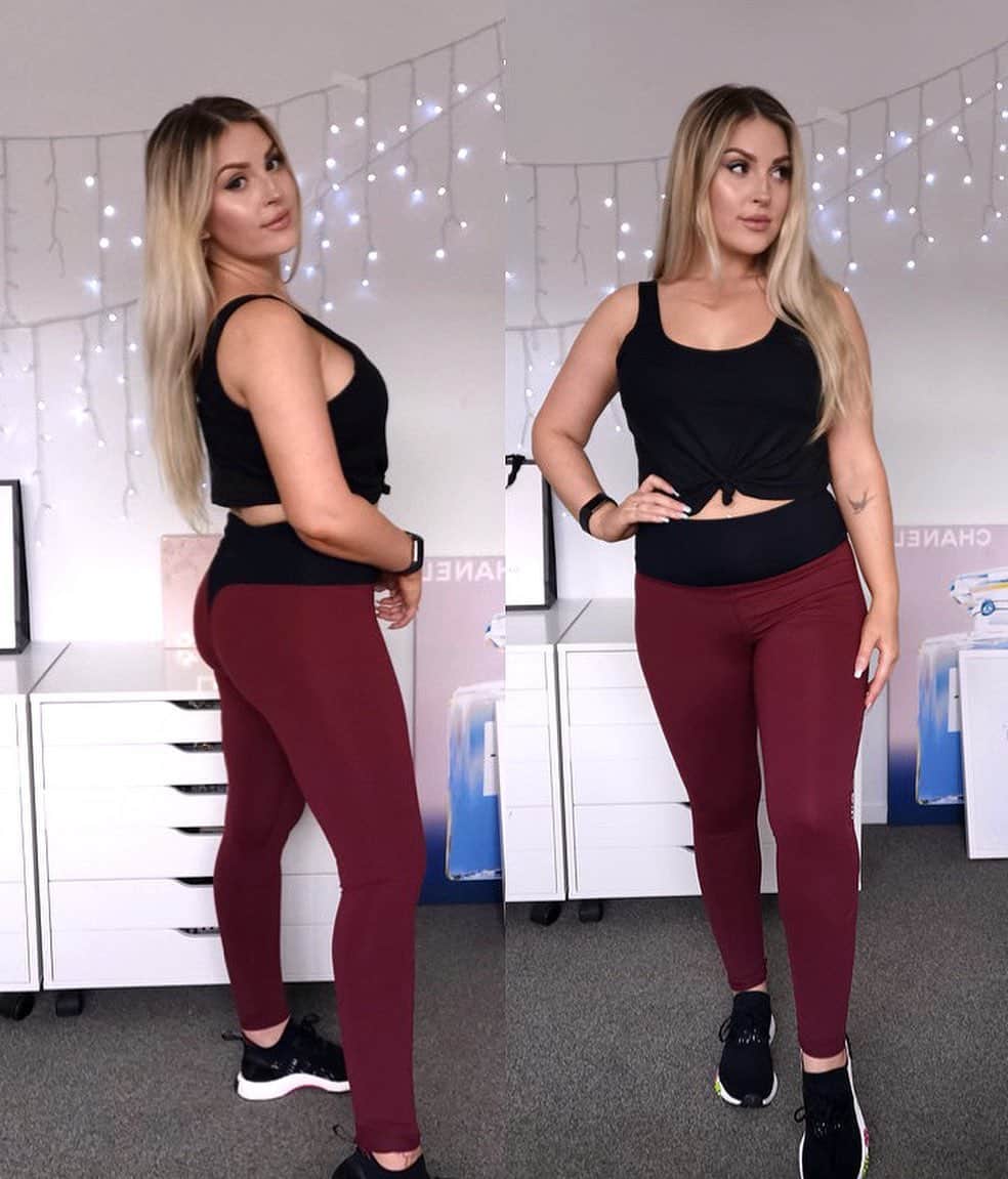 Shannonのインスタグラム：「If you had to choose one colour... would you pick burgundy, khaki or black?! 🤔 i seriously can't choose lol 🥰 how gorgeous are these gym tights from @thepeachbuilderco! i love how they're high waisted and compress super tight so they feel nice and secure for working out, but are still ridiculously cute and comfortable! 💕 you can use the code ‘SHAAANXOPEACH’ for a discount on their website! 🍑 #peachbuilder #thepeachbuilderco #collab」