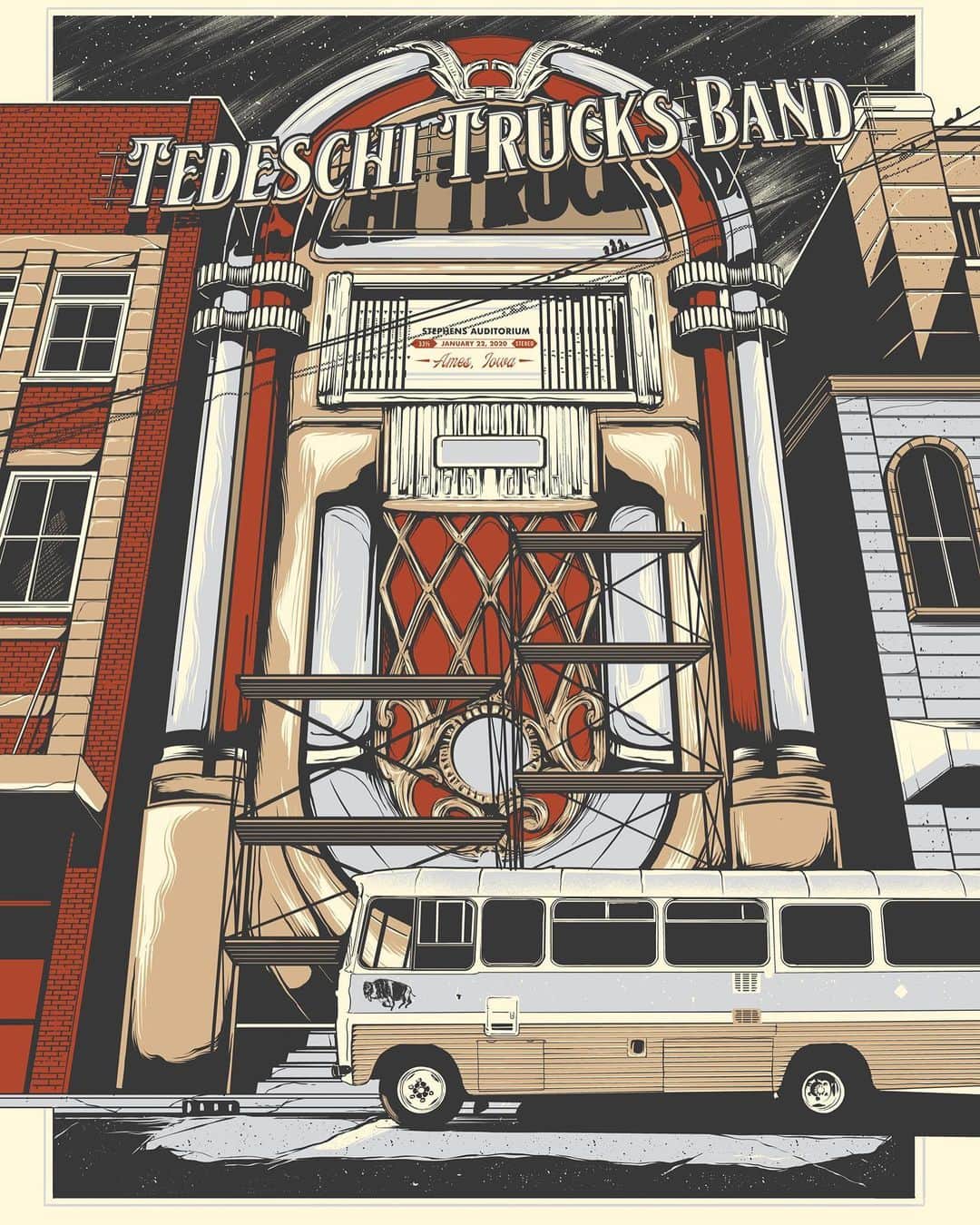 テデスキ・トラックス・バンドのインスタグラム：「Tonight’s poster for our show in Ames, Iowa is by @pkreizenbeck. 18x24 with limited edition silkscreen prints available while supplies last. Doors open at 6:30 and @johnmoreland hits at 7:30 sharp.」