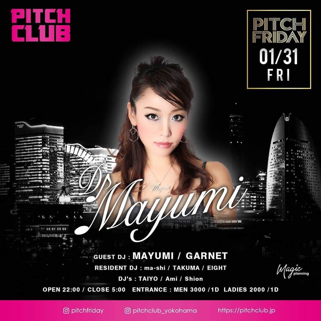 MAYUMIさんのインスタグラム写真 - (MAYUMIInstagram)「【DATE】 2020.1.31(fri)  @PITCH CLUB  OPEN  22:00 CLOSE 5:00 <キャンペーン> ・1.2.3月限定‼️学割キャンペーンスタート✨ 1月、2月、3月限定 学生向け特別企画‼︎ 通常料金: 男性3000円1ドリンク付き 女性2000円1ドリンク付きを 学生の方終日入場無料‼️‼️ この機会に横浜随一のお洒落映えスポットに是非お越し下さい！ ※男子学生の方は入場時ドリンク代として1000円頂きます。 （実質入場料金は無料） ※学割を受けるにはエントランスにて学生証を提示していただく必要があります。 ・女性24:00まで入場でさらに+1ドリンクプレゼント🍸 ・当月バースデーの方は入場無料🎂 >さらにご友人と4人以上でボトルプレゼント🍾 【PITCH FRIDAY】 横浜駅直結ASOBUILD(アソビル)地下1F PITCH CLUBにて12月よりNEW PARTY START!! 毎週金曜日にPITCH FRIDAYと称してオールナイトでクラブイベントを開催!! 様々なGUESTを招き横浜のナイトシーンに新たなカルチャーを作ります。 <ENTRANCE> M¥3000/1D Ｌ¥2000/1D  GUEST M¥2000/1D Ｌ¥1000/1D <GUEST DJ> MAYUMI GARNET <RESIDENT DJ> ma-shi TAKUMA EIGHT <DJ's> TAIYO Ami Shion ⬛︎⬛︎⬛︎⬛︎⬛︎⬛︎⬛︎⬛︎⬛︎⬛︎⬛︎⬛︎⬛︎⬛︎⬛︎⬛︎⬛︎⬛︎⬛︎⬛︎ 【VIP SYSTEM】 ＊VIPテーブルご予約希望の方は関係者、もしくわ店舗までお気軽にお問い合わせください。数に限りがありますのでお早めのご予約をおすすめします。 Please contact the organizers 【DRESS CODE】 ・作業着等汚れた服装での入店はご遠慮下さい。 【ATTENTION!!】 ・20未満の入場NG。IDチェックがありますので、顔写真付き身分証の持参をお願いします。 （顔写真付きがない場合、保険証+クレジットカードをご用意ください) People under 20 are not permitted. Please have a valid ID with photo. (Insurance card + credit card works also) ・コインロッカーあり※数に限りがございます。 ・クロークあり　1人¥500- We do have cloak #dj #yokohama #nightclub #japan  @pitchfriday @pitchclub_yokohama」1月23日 20時21分 - djmayumi