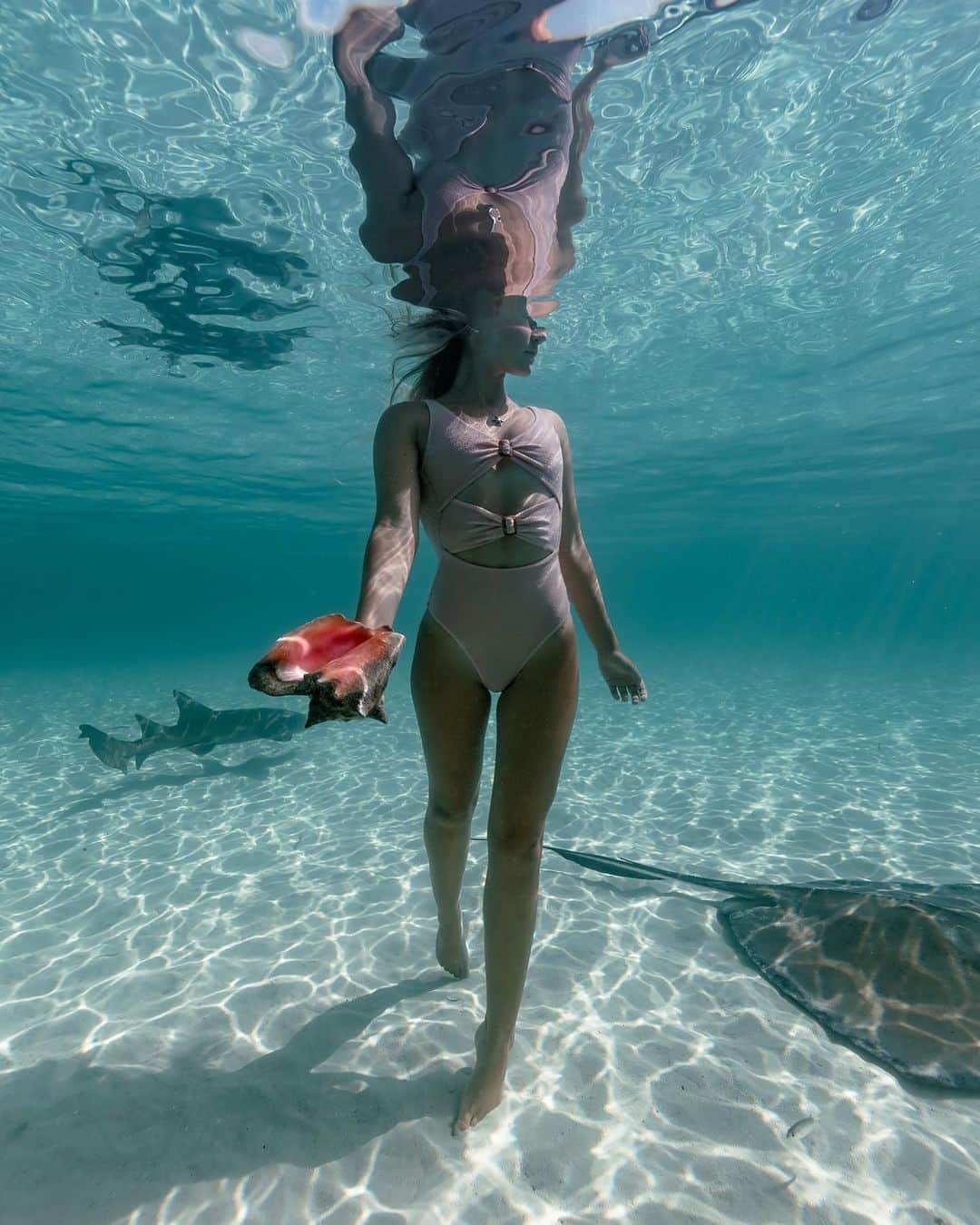 サシャ・カリスのインスタグラム：「“The beauty and mystery of the ocean, fills our lives with wonders, vast beyond our imagination.” - M. L. Borges, By The Sea 👙 @revolve 🎀💗 Swipe to see behind the scenes of this photo ➡️」