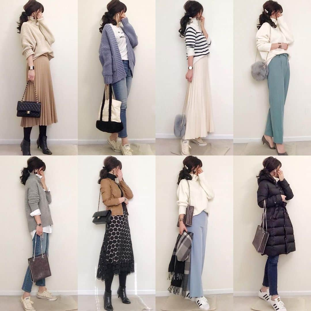 meiさんのインスタグラム写真 - (meiInstagram)「. . まとめコーデ👚🧥👖👗　. . . @zara . @gu_global . @plst_official . @milaowen_official . @door_trip . @stanza_dolce . @spin.the.earth . @mililani_style . @galerievie_jp . @sesto_shoes . @converse_jp . @chanelofficial . . .  #locari#beaustagrammer #プチプラコーデ #ootd_kob #web_kob  #ポニーテール #ミディアムヘア#高身長女子 #mineby3mootd  #fashion  #ponte_fashion  #アラフォーコーデ  #mamagirl #きれいめコーデ #大人コーデ#ootd#ママコーデ#高身長コーデ#ローゲージタートルネックセーター #chanel#guコーデ#yesgu#gu冬コーデ2020 #みんなのguコーデ#プラステ#プラステはいてみた#ダウンコート#ギャルリーヴィー#ワイドパンツ#プリーツスカート」1月24日 6時46分 - mei.5.7.des