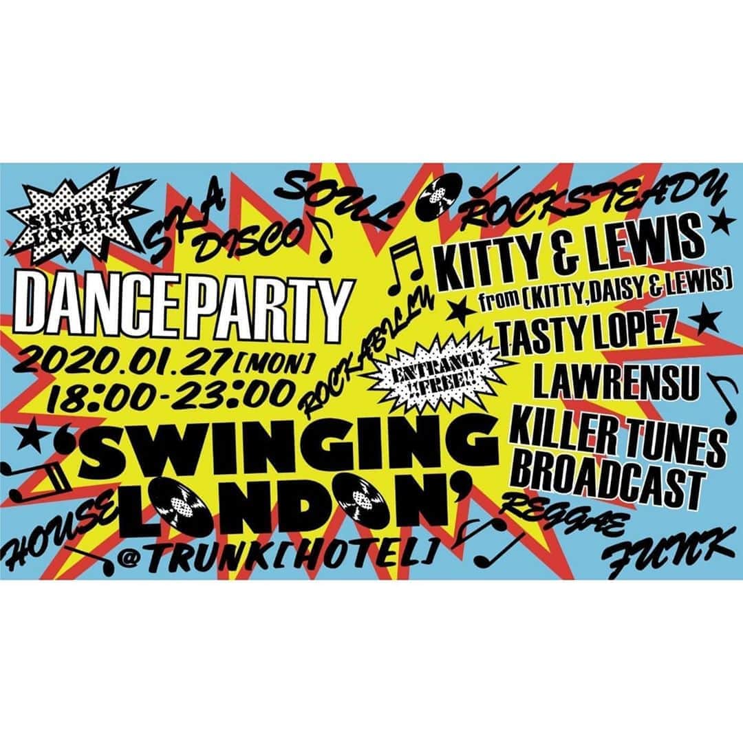 キティー・デイジー＆ルイスのインスタグラム：「Tokyo friends! Kitty, Lewis and their partners Lawrensu & Tasty Lopez will be spinning records together on Monday 27th January at @trunkhotel! Come and party with us 🥳 free entry, 6-11pm 🎶」