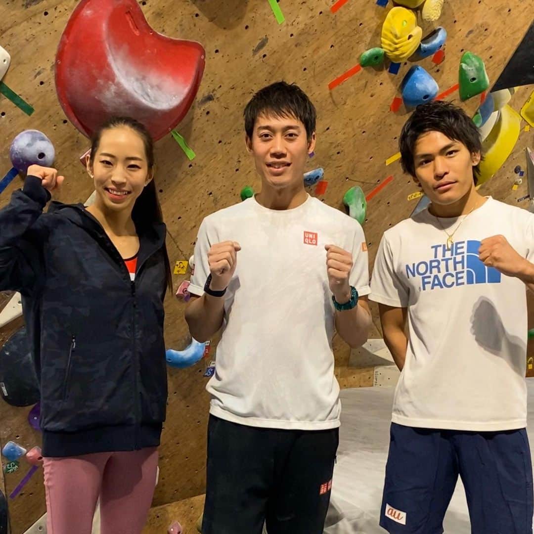 野口啓代のインスタグラム：「テニスの錦織圭選手とTeam Kの皆さん、水泳の藤森選手とボルダリング!!🧗🏻* * 気さくで面白い方でした🎾* またやってくれると嬉しいなぁ☺️💕✨ご紹介してくれた東先生 @higashi_atsushi 、場所を提供して下さった　@basecamptokyo ありがとうございました!* * * @au_official #大和証券 @thenorthfacejp @orientalbaio #三井不動産 @cowsoapcp #zeta  @c3fit @lasportivajp @petzl_official  @newhale_japan」