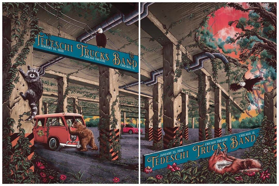テデスキ・トラックス・バンドのインスタグラム：「Back to finish what we started last weekend with two more shows at the majestic Chicago Theatre tonight and tomorrow. The show posters for this weekend are a diptych by @epicproblemz with 18x24 with limited edition signed silkscreen prints available at merch while supplies last. Doors open at 6:30 and TTB hits at 7:30.」