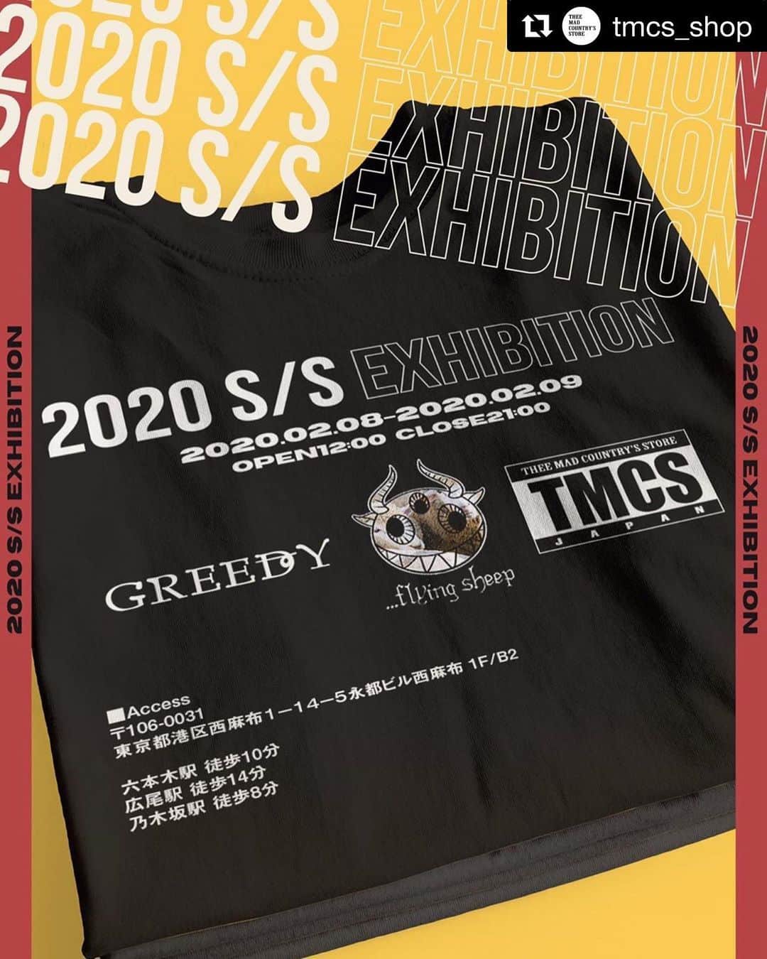 のインスタグラム：「久々にやります！ 是非遊びにいらしてくださいませ！  #Repost @tmcs_shop with @get_repost ・・・ . 【お知らせ】 . 新作展示・受注販売会決定‼︎‬ . 『2020 S/S EXHIBITION』‬‪ . <日程>‬ ‪2020/2/8  12:00-21:00‬ ‪2020/2/9  12:00-21:00 . <‬‪住所>‬ ‪〒106-0031‬ ‪東京都港区西麻布1-14-5‬ ‪永都ビル西麻布 1F/B2 . ‬ご来場お待ちしております☻‬ . #theemadcountrysstore#tmcs #apparel#clothing#japan#tokyo #モノクロコーデ#simple#rock #streetfashion#unisex#menslike #newitem#新作#worldwideshipping #popupstore」