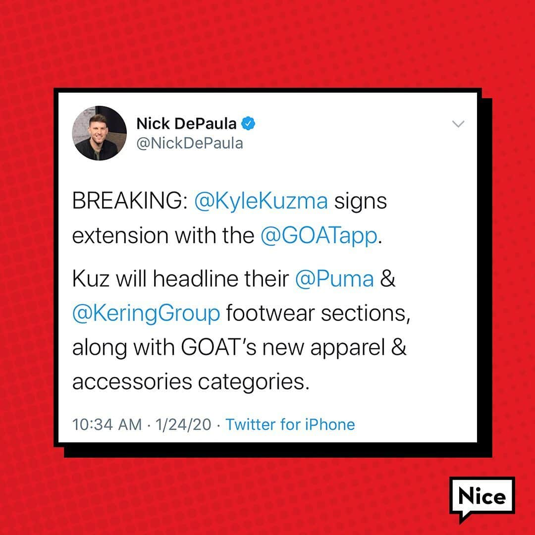 Nice Kicksさんのインスタグラム写真 - (Nice KicksInstagram)「Kyle Kuzma & @Goat re-upped their deal for @Kuz to rock gear as the platform’s main style icon moving forward.」1月25日 1時59分 - nicekicks