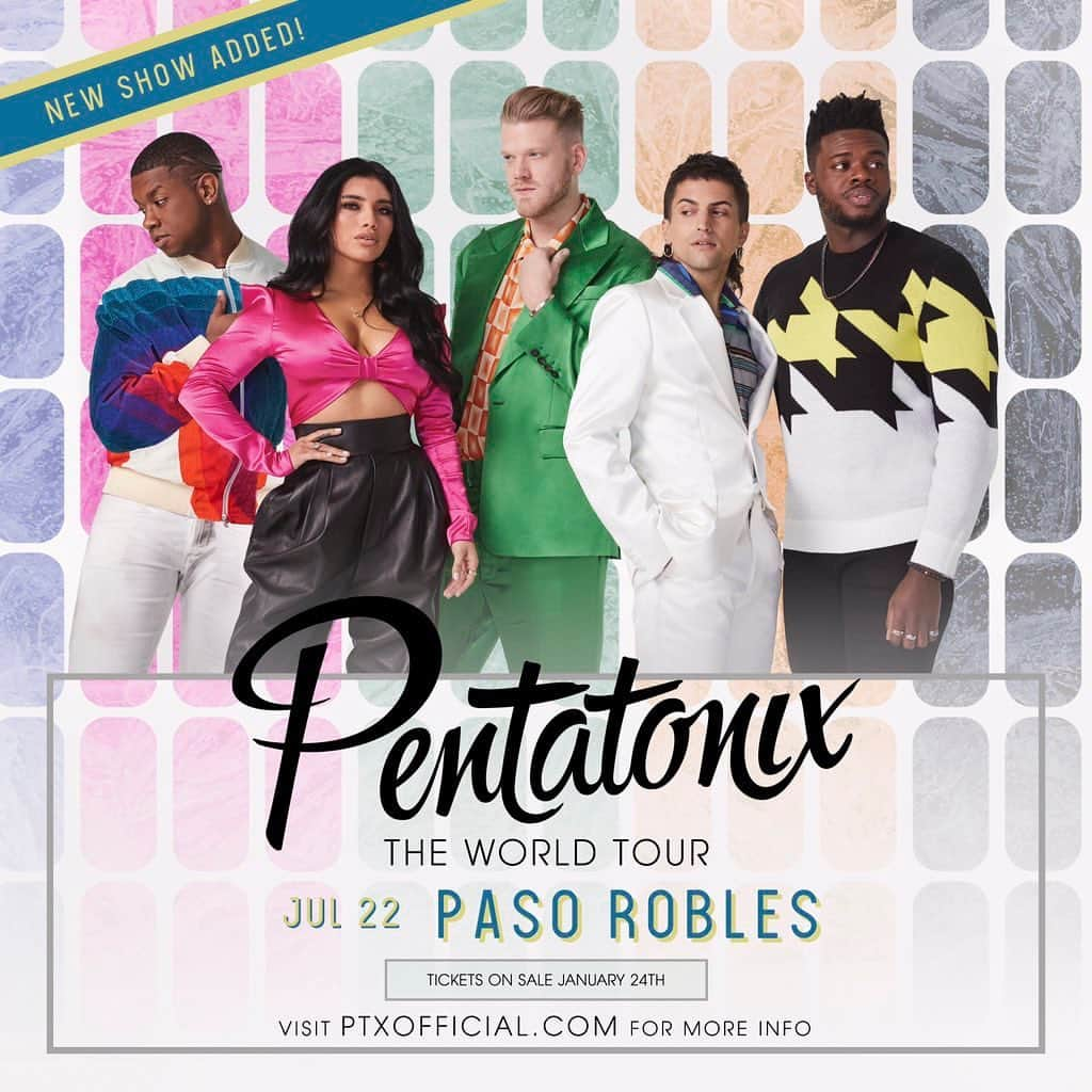 ペンタトニックスさんのインスタグラム写真 - (ペンタトニックスInstagram)「ON SALE NOW! Tickets for our show at the CALIFORNIA MID-STATE FAIR on JULY 22ND are available for purchase at ptxofficial.com/tour. We can’t wait to see you all this Summer! 😎☀️ #PTXTheWorldTour」1月25日 3時00分 - ptxofficial