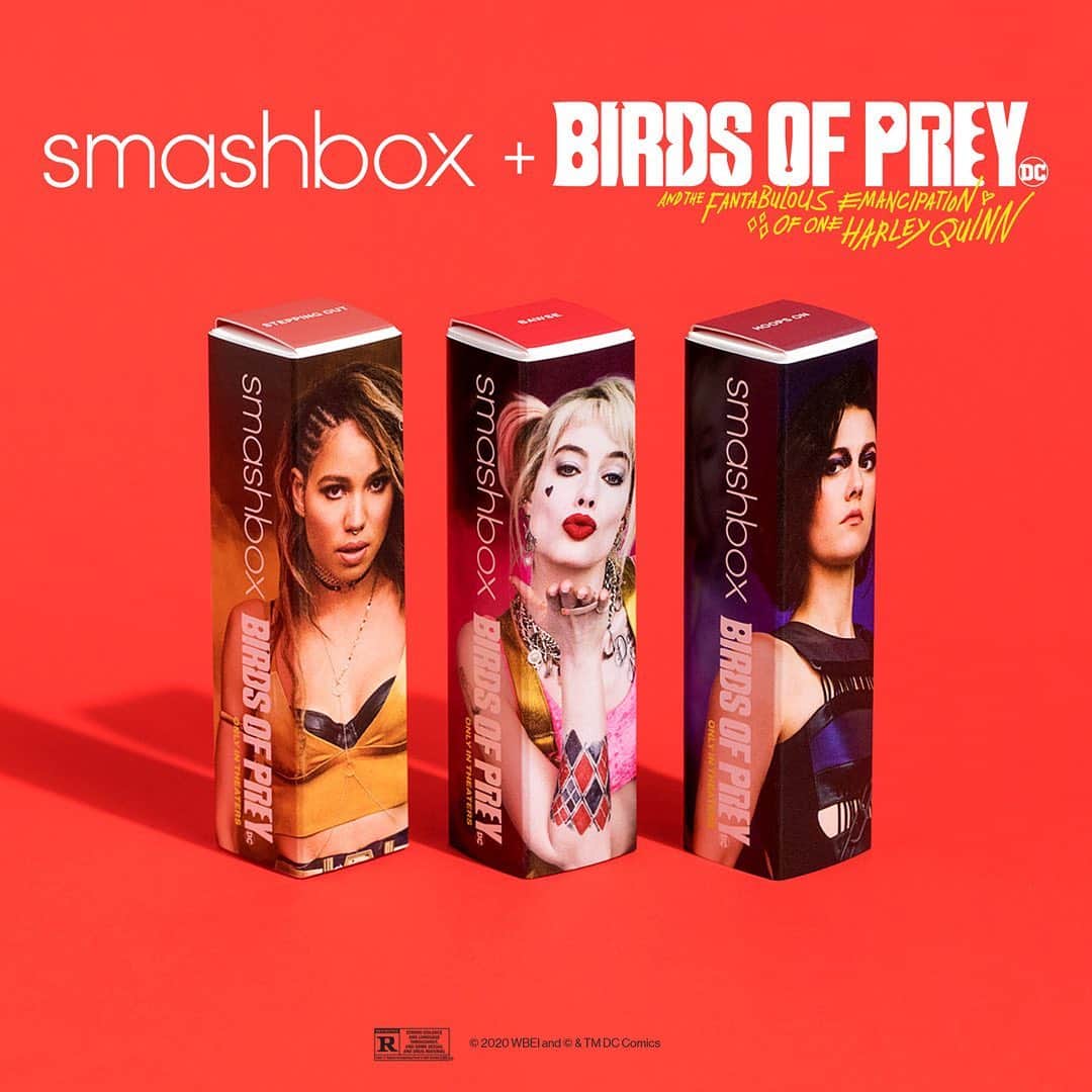 Smashboxのインスタグラム：「Hey puddin’ check out these new shades! Introducing our Smashbox X #BirdsofPrey collab available at @Macys and Smashbox.com – three of our NEW Cream to Matte Lipstick colors inspired by three badass women.  @BirdsofPrey is in theaters February 7!  Product featured: 💄Black Canary is 'Stepping Out' 💄Harley Quinn is 'Bawse' 💄Huntress is 'Hoops On'」