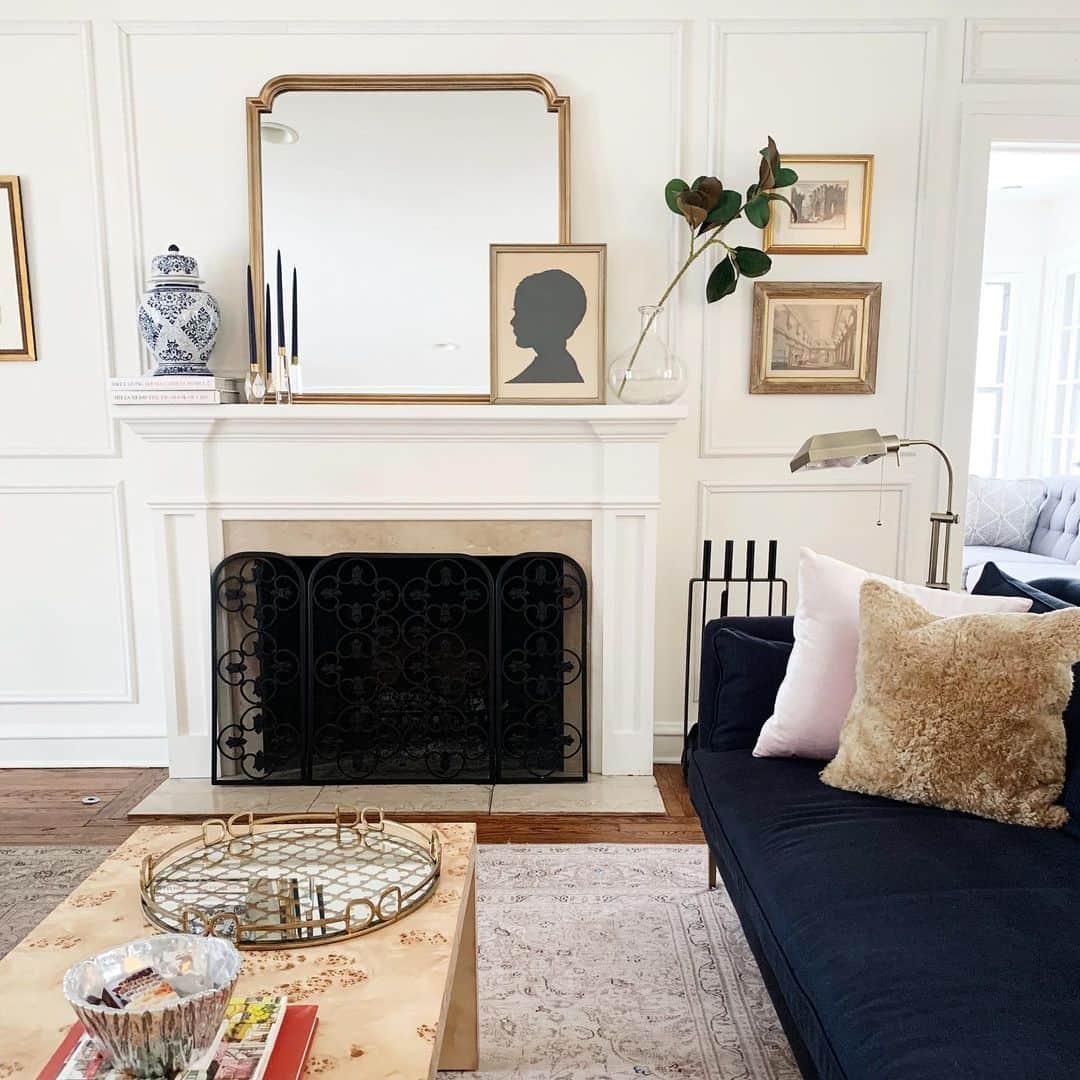 Anna Jane Wisniewskiのインスタグラム：「I’m just so excited over here with this new moulding. I loved this room before but the picture frame moulding really adds so much dimension! Next up: paint it and hang some things. (Swipe for the “before,” although it still looked good—photo was taken right after we re-did the mantel). And to answer some questions, this was not a #DIY. I wouldn’t trust myself to be precise enough for a job like this. (My DIY skills are pretty limited, anyway. I can paint a room and put furniture together. That’s about it.). Our home is almost 100 years old, the walls are plaster, and I needed to leave it to a pro. My friend used a local carpenter/contractor and I was obsessed with his work... the rest is history! #thisoldtudor #thisoldhouse  PS The silhouette is of my dad in the early 50s. For as long as I can remember, it hung in my grandparent’s bedroom, next to his brothers’ silhouettes. I’m glad a little piece of his childhood lives in my favorite room.」