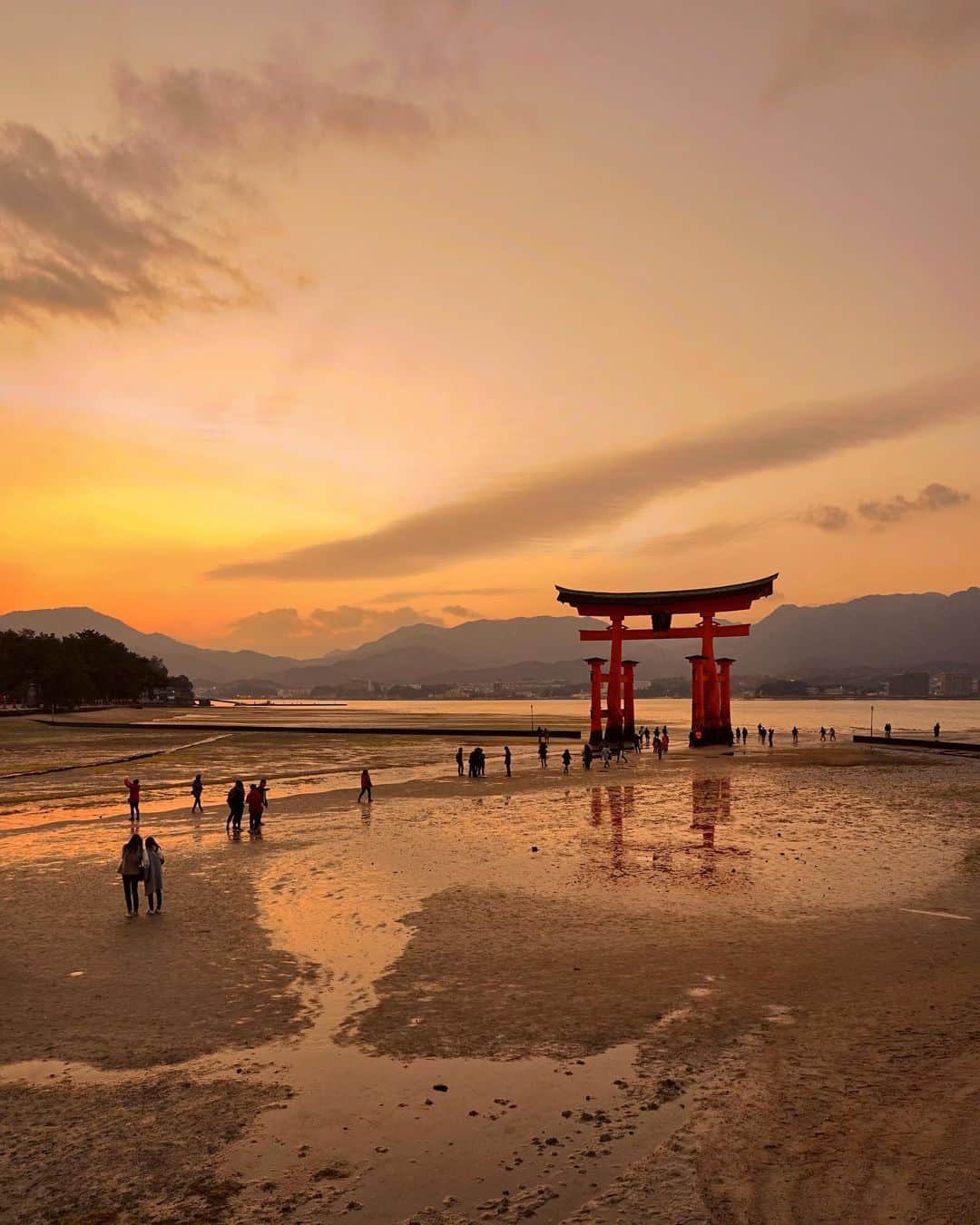 Koichiのインスタグラム：「| Dusk at low tide . #BeautifulJapan #厳島神社 #宮島 #大鳥居 . The repair work started at great torii last June.  The construction is expected to be completed in August.  Unfortunately, it is now surrounded by sheets. I can't wait for the restoration to be completed. . 昨年の6月から補修工事が始まった大鳥居。工事の完了予定は8月ぐらいとのこと。残念ながら今はシートで囲まれた状況です。修復完了が待ち遠しい。 .」