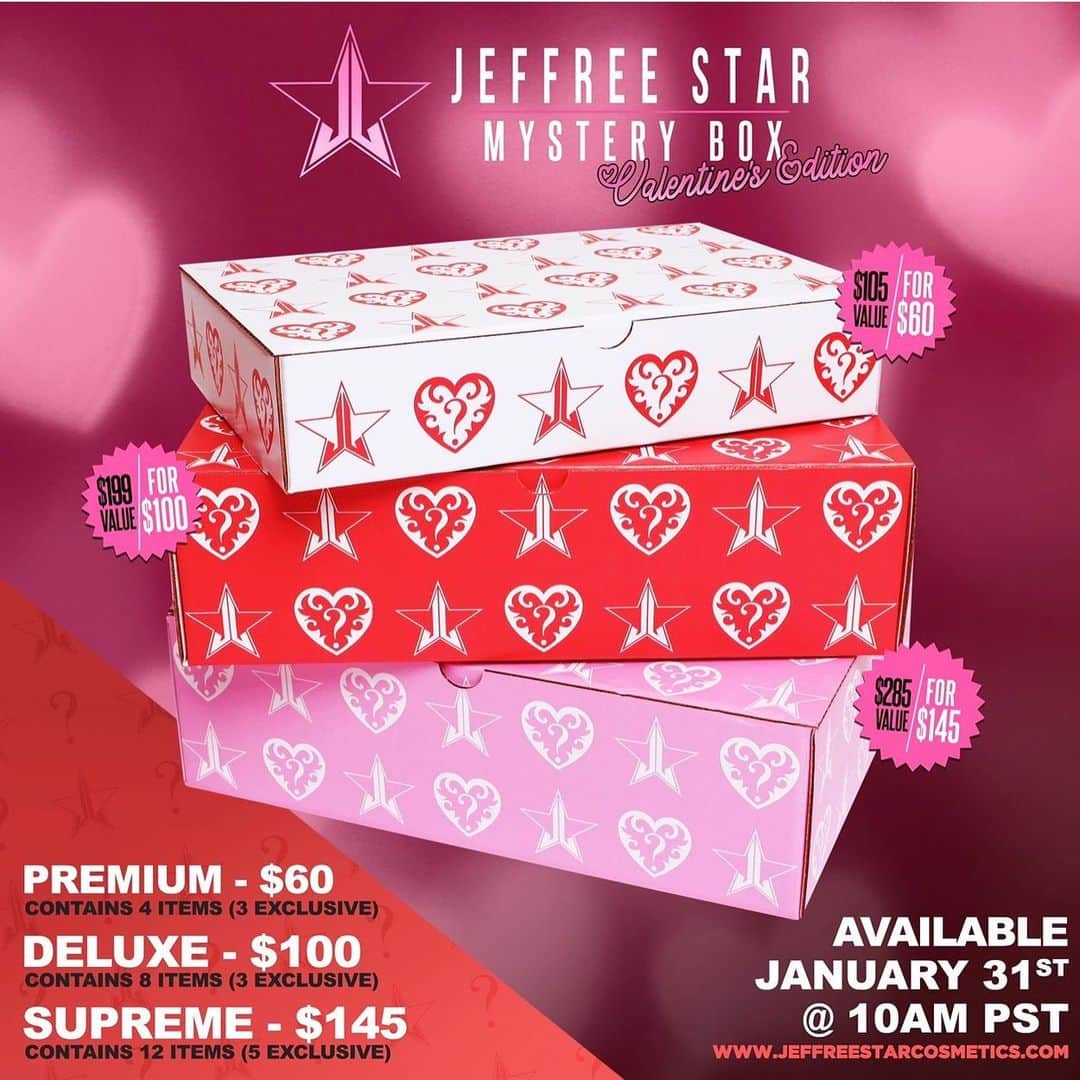 Jeffree Star Cosmeticsさんのインスタグラム写真 - (Jeffree Star CosmeticsInstagram)「‪NEW MYSTERY BOX ALERT 🆘 THIS Friday JAN. 31st we are launching ALL NEW Valentine’s merch AND insane mystery boxes! 🔑❤️ We plan to redeem ourselves from the holiday and bring you the most epic launch 🔥 ALL 3 boxes are bigger and better then before, ALL with exclusive items!! 🍫 AND YES, that also means EVERY mystery box, no matter what size, WILL contain a new exclusive cosmetics item!!! 😍Mark the calendar and don’t be late! #JeffreeStarCosmetics ‬#mysterybox  #jeffreestarapproved」1月26日 5時32分 - jeffreestarcosmetics
