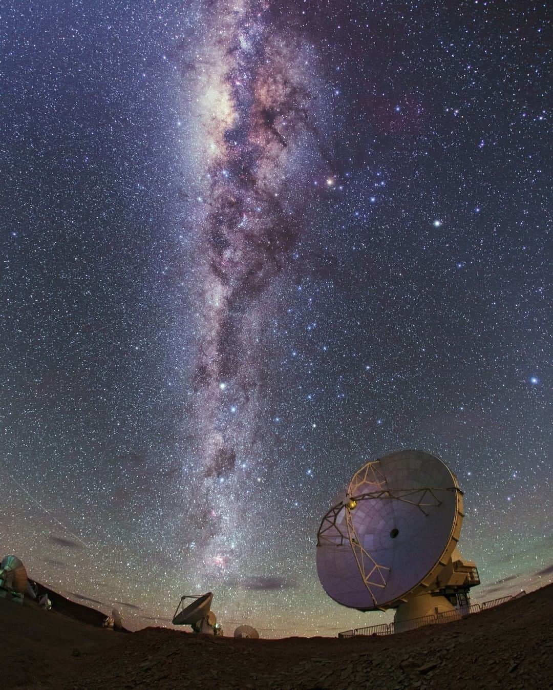 National Geographic Travelさんのインスタグラム写真 - (National Geographic TravelInstagram)「Photo by @babaktafreshi | A stunning Southern Hemisphere view of the Milky Way from 5,000 meters (16,000 feet) high appears in this 20-second, single-exposure photograph taken from the ALMA observatory in the Chilean Andes, an array of 66 movable large radio dishes that can work together as a giant single telescope. The array moves and expands in the area to zoom in on an object or clusters in a pack to reveal fainter, wider targets. ALMA can be synched with several other telescopes across the globe to create a much larger radio telescope array to reveal some of the most challenging objects, such as a black hole in the heart of another galaxy.  Explore more astronomy and space photography with me @babaktafreshi. #astrophotography #science #astronomy #milkyway #twanight」1月26日 22時08分 - natgeotravel