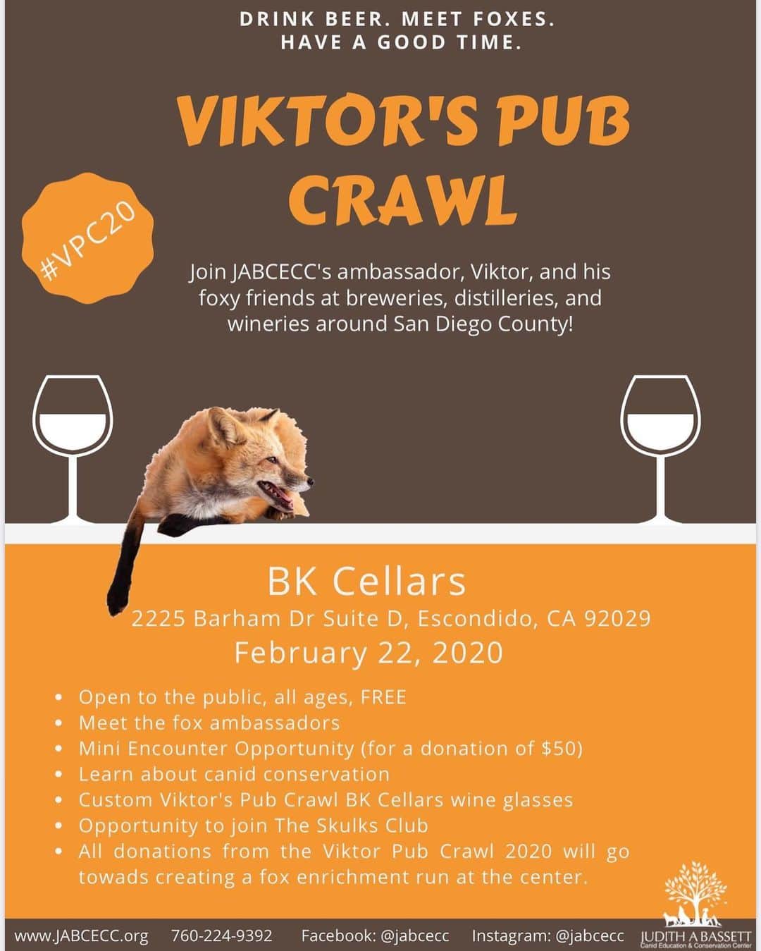 Rylaiさんのインスタグラム写真 - (RylaiInstagram)「Our February #VPC20 Flyer is HERE!!!!!!!! . 🍷🦊🦊 Be Foxy 🦊🦊🍷 . @bkcellars @bkcellarsurbanwinery . Shout out to @carboncardiff for creating the flyer!! . Want to volunteer at our #VPC20 events? We could use your help. We would need a commitment of attending at least 6 venues this years!! . #bkcellars #jabcecc #winery #boutiquewinery #foxencounters #foxes #viktor #runviktorrun #enrichment #skulksclub #skulks #support #sandiego #sdevents #sandiegoevents #socal #supportlocal #nonprofit #canidconservation #canidtrivia #coyotes #foxes #wolves #ngsd #dholes #africanpainteddog #fundraiser」1月27日 6時06分 - jabcecc