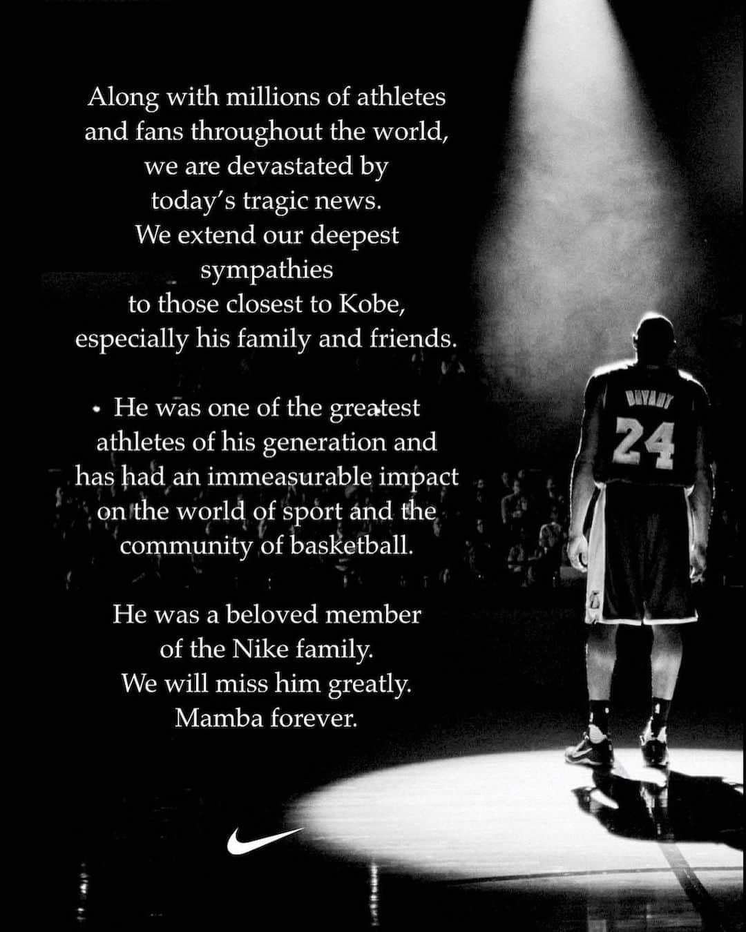 Nike Sportswearさんのインスタグラム写真 - (Nike SportswearInstagram)「Mamba Forever. Our condolences to Kobe and Gianna’s family and everyone involved in today’s tragedy.」1月27日 8時15分 - nikesportswear