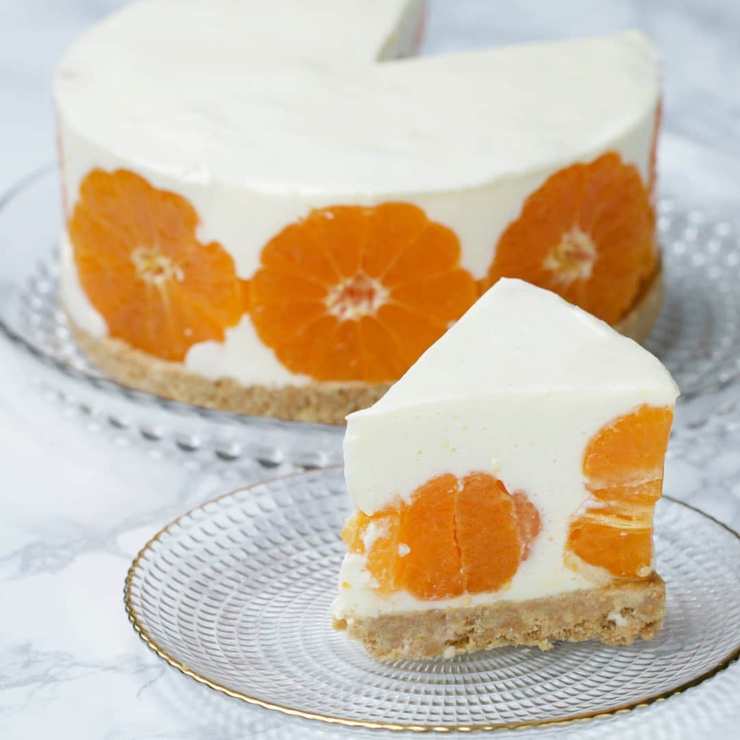 Tasty Japanさんのインスタグラム写真 - (Tasty JapanInstagram)「まるごとみかんのレアチーズケーキ🍊〜切って可愛い💕〜 / Whole Tangerine Cheesecake ㅤㅤㅤㅤㅤㅤㅤㅤㅤㅤㅤㅤㅤ 作ったら #tastyjapan をつけて投稿してくださいね！✨ ㅤㅤㅤㅤㅤㅤㅤㅤㅤㅤㅤㅤㅤ レシピはこちらをご覧ください♪ ㅤㅤㅤㅤㅤㅤㅤㅤㅤㅤㅤㅤㅤ まるごとみかんのレアチーズケーキ 15cmケーキ型 1台分 ㅤㅤㅤㅤㅤㅤㅤㅤㅤㅤㅤㅤㅤ 材料： ■フィリング みかん（皮をむき、4個は横半分に切る）7個 クリームチーズ（室温に戻しておく） 250g ヨーグルト 100g 生クリーム 100ml オレンジジュース 50ml 砂糖 50g ゼラチン 10g 水 大さじ3 ㅤㅤㅤㅤㅤㅤㅤㅤㅤㅤㅤㅤㅤ ■ボトム ビスケット 100g 溶かしバター 80g ㅤㅤㅤㅤㅤㅤㅤㅤㅤㅤㅤㅤㅤ 作り方： 1.ボトムを作る。ジップ付きの袋にビスケットを入れて、めん棒で叩いて細かく砕く。溶かしバターを加えてよく揉み込む。クッキングシートを敷いた型の底に敷き詰め、冷蔵庫に入れて30分冷やし固める。 ㅤㅤㅤㅤㅤㅤㅤㅤㅤㅤㅤㅤㅤ 2.フィリングを作る。ゼラチンを水に振り入れてふやかし、600Wの電子レンジで20秒ほど温めて液状にする。 ㅤㅤㅤㅤㅤㅤㅤㅤㅤㅤㅤㅤㅤ 3ミキサーに.クリームチーズ、ヨーグルト、生クリーム、オレンジジュース、砂糖、ゼラチン液を加えて滑らかになるまで攪拌する。 ㅤㅤㅤㅤㅤㅤㅤㅤㅤㅤㅤㅤㅤ 4.(1)の型の側面に、半分に切ったみかんの断面が外側になるように並べ入れる。中心に残りのまるごとみかんを並べ入れる。 ㅤㅤㅤㅤㅤㅤㅤㅤㅤㅤㅤㅤㅤ 5.(3)を(4)に流し入れ、冷蔵庫で3-4時間冷やし固める。 ㅤㅤㅤㅤㅤㅤㅤㅤㅤㅤㅤㅤㅤ 6.型から外して食べやすい大きさに切り分けたら、完成！ ㅤㅤㅤㅤㅤㅤㅤㅤㅤㅤㅤㅤㅤ #料理 #手料理 #レシピ #料理動画 #クッキング #美味しい #デザート #スイーツ #おやつ #お菓子 #みかん #みかんスイーツ #TastyJapan #BuzzFeed #cooking #Tasty #Japan #ケーキ #cook #dessert #sweets #チーズ #レアチーズケーキ #food #レシピ動画 #グルメ #食べ物 #recipe #スイーツ動画」1月27日 10時54分 - tastyjapan