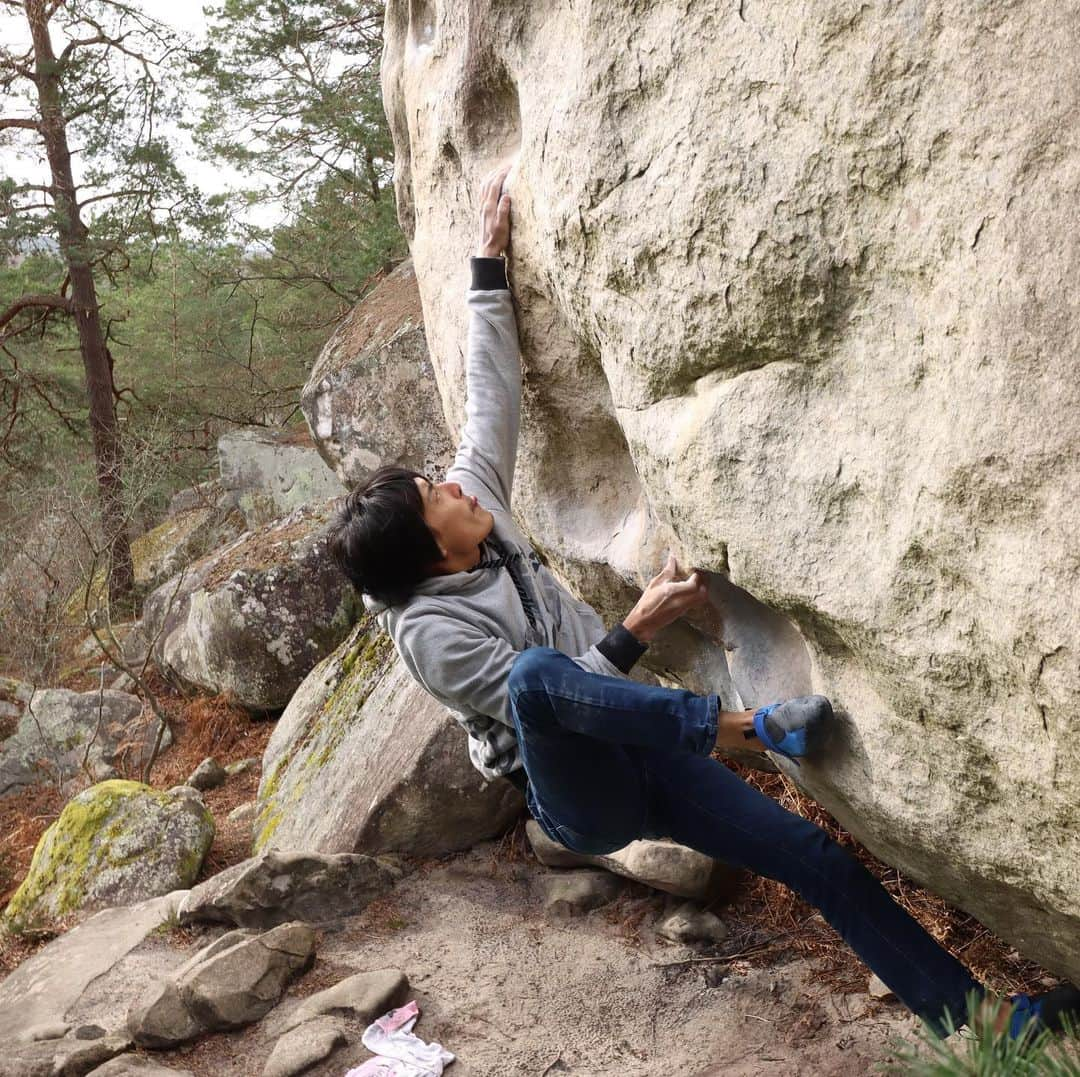 濱田健介のインスタグラム：「Fontainebleau day10. I went to Buthiers in the morning. @7eri tried her project Atomic playboy 7C+ and she completed it. Congratulations! In the afternoon, We moved to Cuvier Rempart and climbed some nice boulders. I also tried The traphouse 8B+ and solved all moves but couldn’t did it. I will try again tomorrow. Photo is Noir Désir 7C. One of the best boulder today. ブロー10日目。 いよいよツアーも終盤。 午前中はえりの応援でButhiers。 無事にAtomic playboy 7C+を完登。今日中に決めきれて良かったね。 午後はCuvier Rempartへ。 いろいろ楽しげな課題を登った後、夕方にThe traphouse 8B+もお触り。ムーブはわりとすぐ出来たし、登れるかなと思ったけど、流石に甘くなかった。。繋げるとリップ取りがきついー。。また明日やってみるかも。 ツアーも残り3日なので、何やるか迷うなー。まだ行ってないエリアもあるし。。 写真はNoir Désir 7C。いい感じにスローパーが続いててムーブもあるし面白かった。 @rockmasterhq  @unparallelup  @organicclimbing  @nogradjustfeeling  @camp1889」