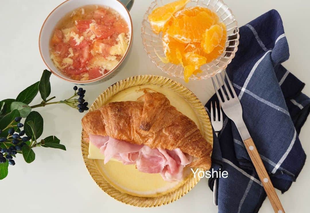 草間淑江さんのインスタグラム写真 - (草間淑江Instagram)「おはようございます！  ２月２２日の朝です。  今朝は、クロワッサンサンド、トマトと卵のスープ、ポンカン。  今はまっているクロワッサンにハムチーズを挟みました。  今日のクロワッサンはダロワイヨ。  しっとり系ですね。  そうそう！今日はカメラを変えてみました。  最近購入したFUJIFILM X-T30の一眼レフで撮影。  どうかな。  いつもと雰囲気違うかな？  今朝も感謝して。  ご馳走様でした🙏  今日も快晴の東京。  ３連休です。  みなさま素敵な時間をお過ごし下さい😊 ・ ・ #朝食#土曜日の朝#クロワッサン#🥐#最近はまってます#ハムチーズ#トマトと卵のスープ🍅 #ポンカン#３連休#皆さま素敵な週末を」2月22日 8時56分 - yoshie_kusama