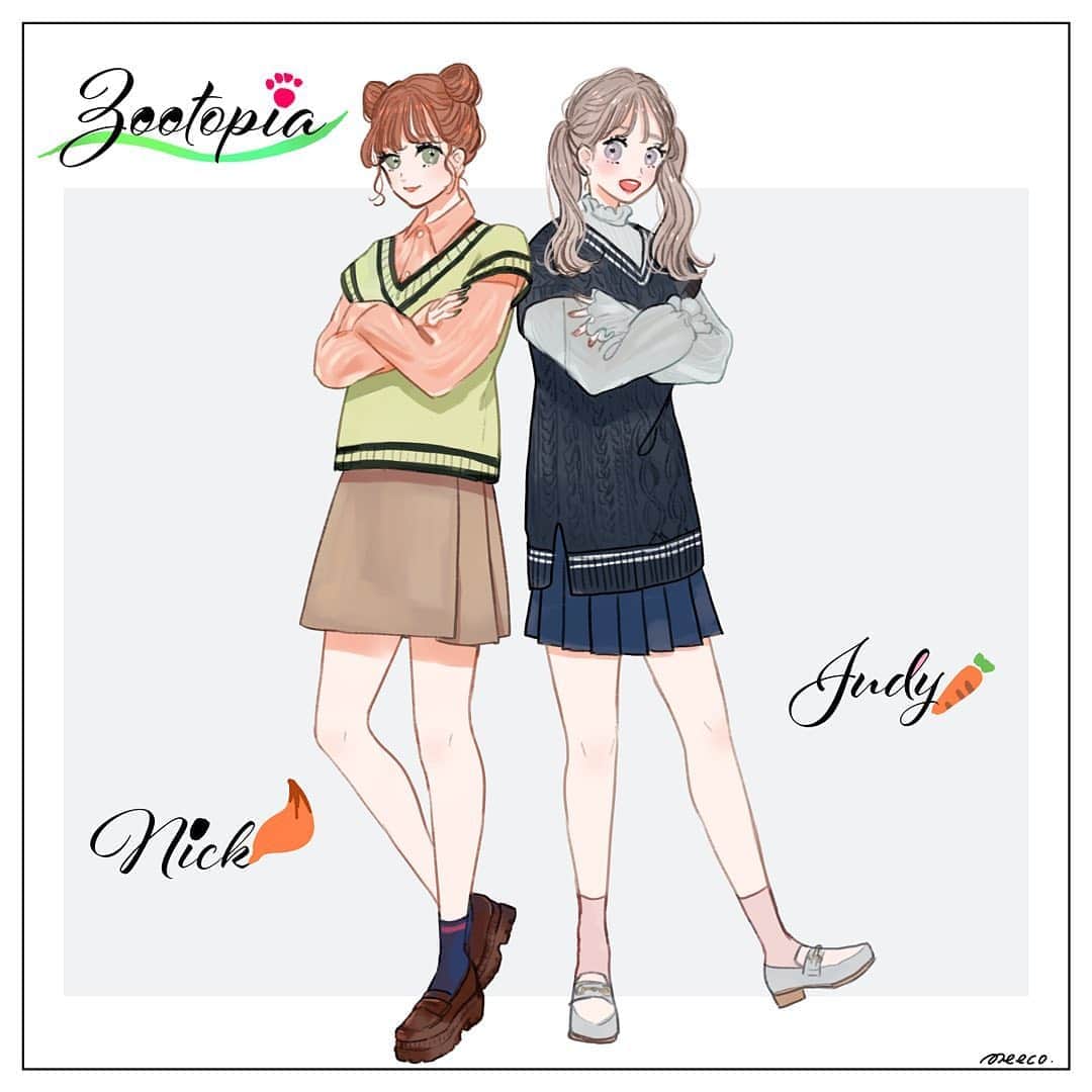 みーこさんのインスタグラム写真 みーこinstagram ニックとジュディの女の子同士のイメージコーデ イラスト ファッション ファッションコーデ ファッションイラスト ズートピア ニック ジュディ 春コーデ 春キャン ディズニーコーデ