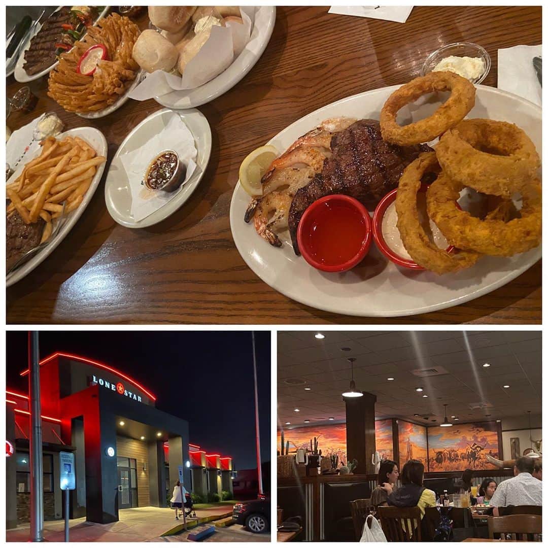 MAYUMIのインスタグラム：「@lonestar_guam サーロインステーキとエビのコンボ🦐を頼んでみた🥰  サイドメニューはオニオンリングりんぐ😍大きすぎて1人じゃ食べきれない🤣 さすがアメリカ🇺🇸 全部美味しかったけども、ここのパンが最高に美味しかった♡また行きたい\(′°∀°`)/ #lonestar #yummy」