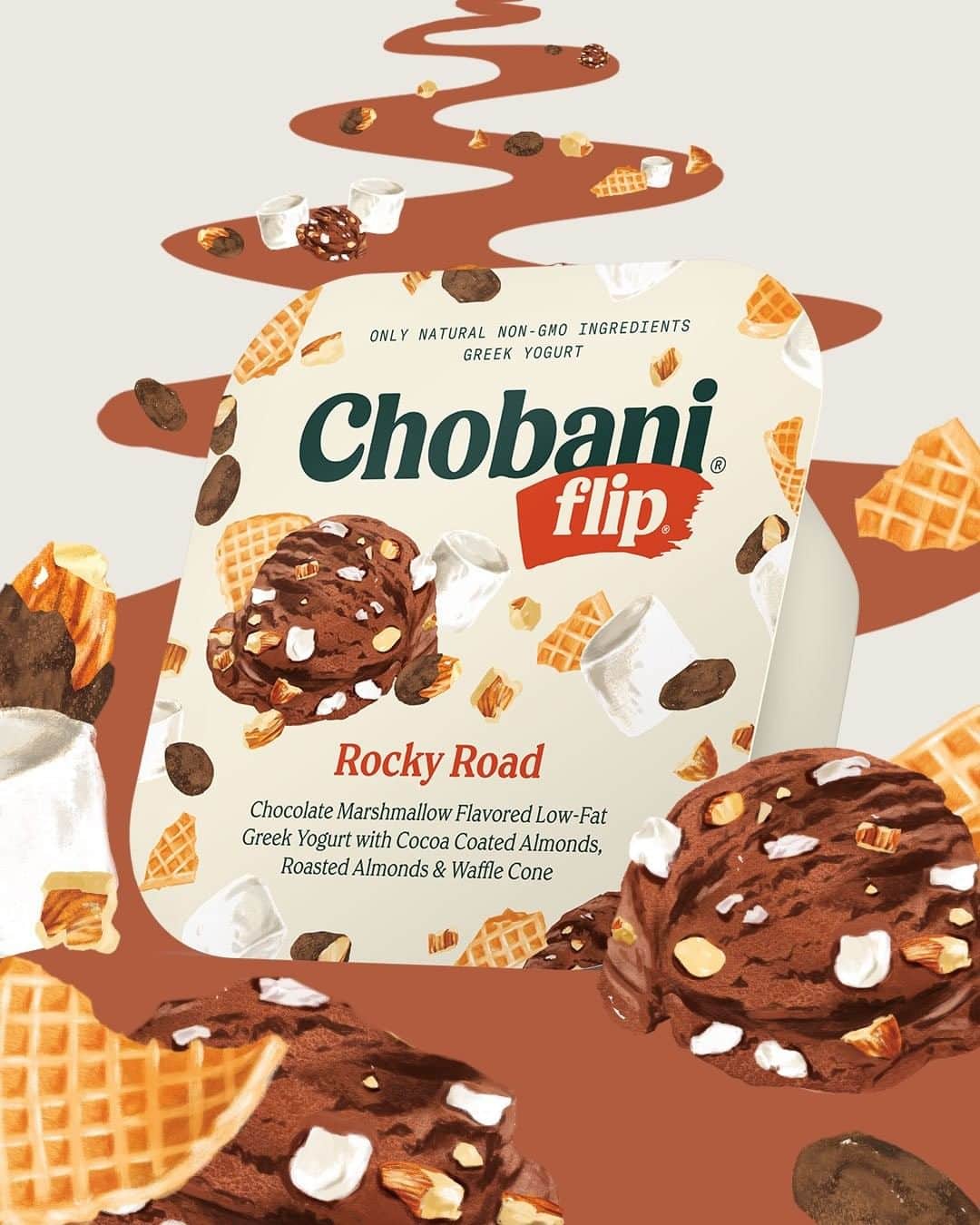 Chobaniのインスタグラム：「Chocolate-marshmallow flavored Greek Yogurt, crunchy almonds, and waffle cone. When do you enjoy Chobani Flip Rocky Road most?」