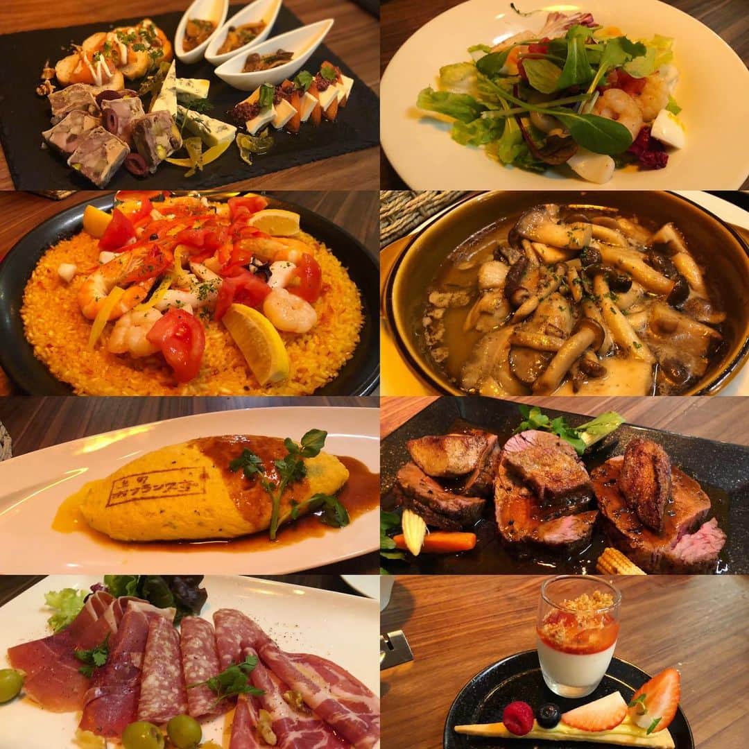 のインスタグラム：「またまた桜井シェフのいる上野にある上野おフランス亭さんへ。  今回は、飲み放題付きのコースでいただきました！  魚料理の写真撮り忘れてしまいましたが、前菜からサラダ、トリュフのオムレツや牡蠣ときのこのアヒージョ、お肉料理、お魚料理、パエリア、デザートとどれも美味しくて大満足でした♪  食ちゃん、かよちゃん、あやちゃんの大食い女子メンバーも集まって、色々話し出来て楽しかった♪  #上野グルメ #おフランス亭 #カジュアルフレンチ #上野広小路」