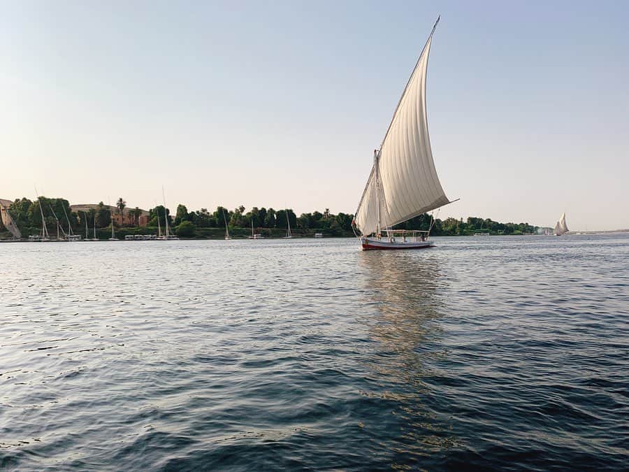 日高大地のインスタグラム：「エジプト旅行記【アスワン】﻿ アスワン名物のファルーカ(帆掛け船)にも乗りました⛵️﻿ ナイル川の川面に真っ白な帆をかけた船が沢山！﻿ 船頭さんはヌビア人の方で、ヌビアのおばあちゃんが作ったネックレスを買いました✨(ピアスは日本の。ネックレスとぴったり🤗) ﻿ (研2の終わりかな？くらいの時に愛と死のアラビアでヌビア兵やったなぁ、、、と昔の思い出😊)﻿ ﻿ #travel #travelgram #instatravel #travelphotography #世界遺産 #旅写真#旅スタグラム#海外旅行﻿ #エジプト #エジプト旅行#ピラミッド#カイロ#ギザ#スフィンクス#砂漠#ナイル川#クルーズ#ナイル川クルーズ#アブシンベル神殿#アスワン#ファルーカ#egypt#pyramid#pyramids#nileriver#cairo#aswan#🇪🇬」