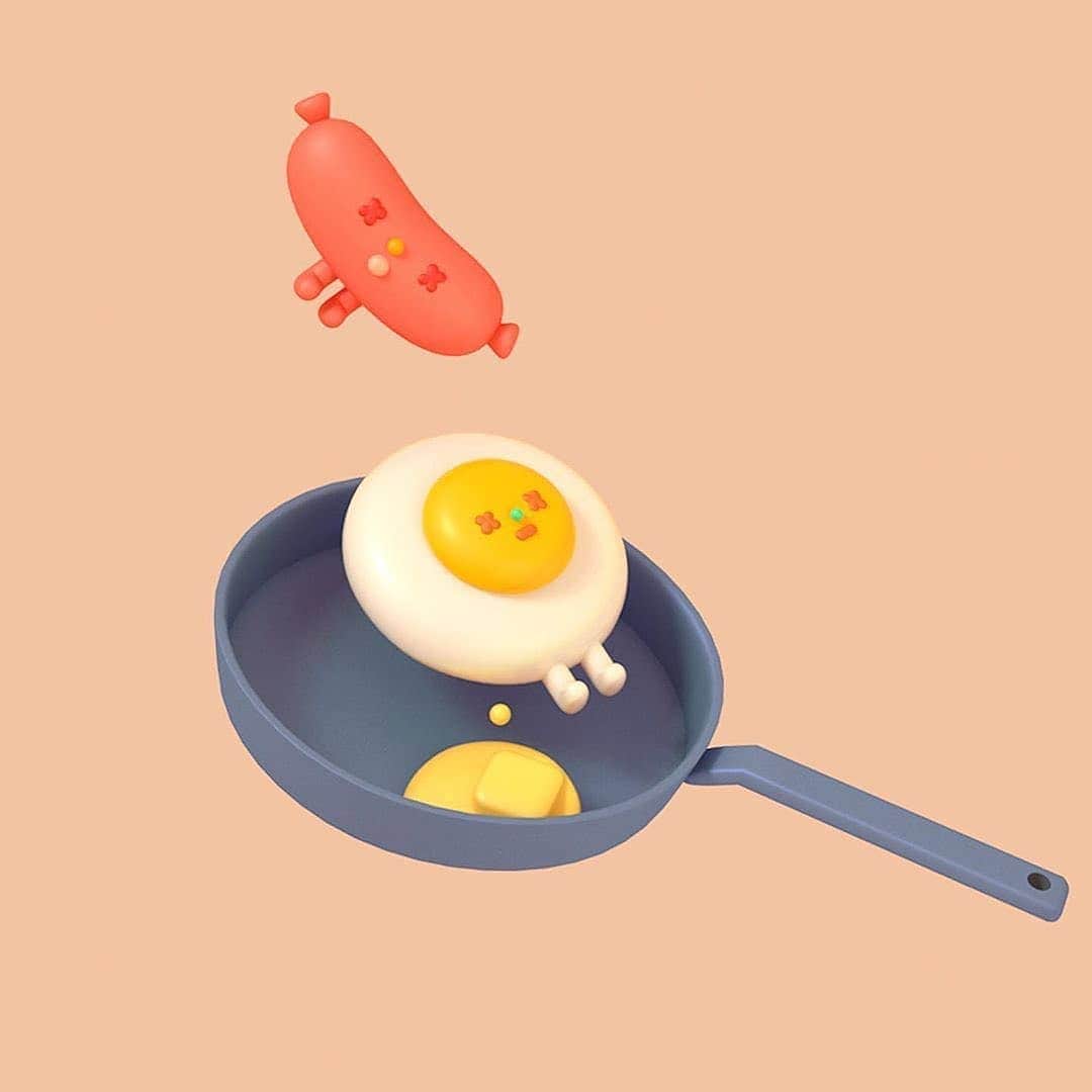のインスタグラム：「Sunday morning 🍳 by 👉 @ggermyu 👈 via @bytheswede  #ggermyu #GreedyGerm #eggsconcept #egg #eggs #friedegg #sausage #breakfast #sunday #sundaymorning #breakfasttime #C4D #loving3d #cinema4d #3dillustration #3dart #characterdesign #loving3d」