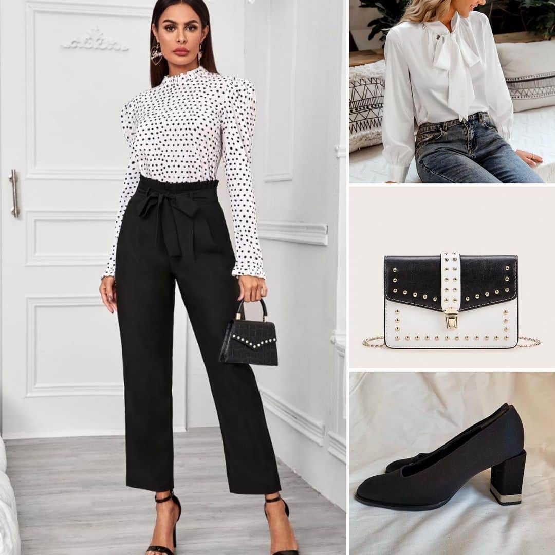 coordinateshopのインスタグラム：「white&black  Simpleeネクタイサテントップ 5,940円 ウエストベルト付きストレートレッグパンツ 5,690円 ツートンカラーのスタッズ装飾プッシュロックチェーンバッグ 3,960円 shoes: @fendi #fendi」