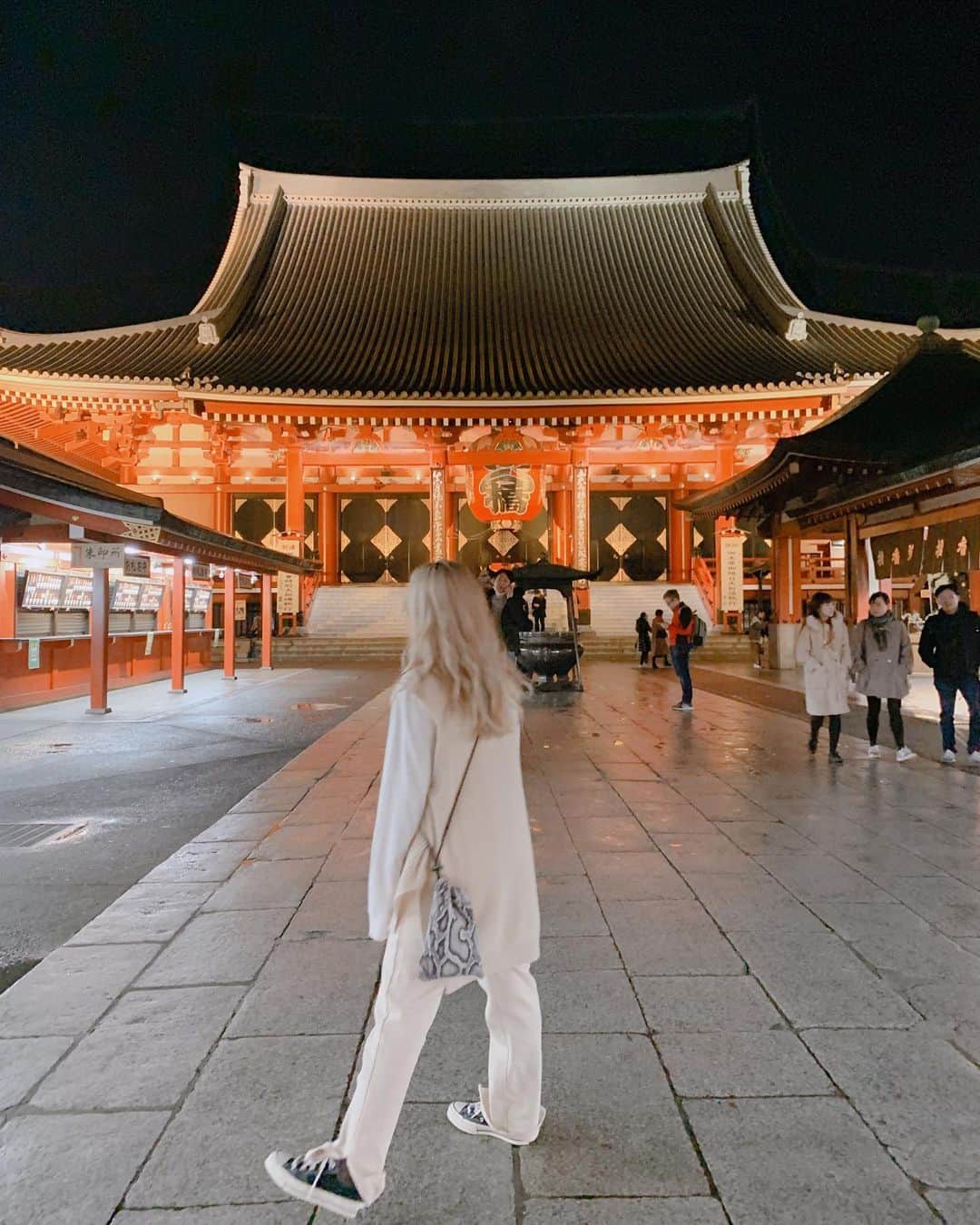 榊原伶奈のインスタグラム：「コロナであんまりお出掛け出来ない😢 と思いきや元々インドアだった🥱 夜の浅草寺はガラガラ🏮✨ #浅草寺 #浅草　#寺  #夜の浅草寺」