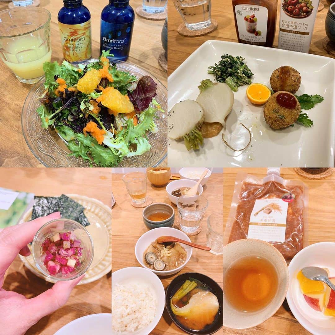 前田ゆかのインスタグラム：「先日 地球に🌏優しいお料理。  料理家本田悠さん×アムリターラの調味料コラボランチをいただきました！！ 本田さんが選ぶ 野菜は農薬や肥料を使わず、アムリターラの調味料も自然栽培。  自然のリズムで育ったお野菜や食材をチョイスする事で、 食べて美味しい、 身体にもいい影響、 土壌も汚さない だから地球にも悪い影響が少ない。  この素材はどこから来てどのように調理されたか、食の関わりをこと細やかに伝え素材の良さを際立たせ調味料もシンプルに。地球資源に対する理解をコンセプトにとても安心するあじわい。  食べると自分の身体が喜んでいるのがわかる、そんなホッとするお料理でした。  また、くず寄せが美味しくて。 いつもとろみは片栗粉で付けていましたが身体を冷やさない葛がいいと聞きすぐ買いに行きました^_^  心を込めたお料理をごちそうさまでした❗️ #アムリターラ #自然栽培 #本田悠さん #自分に出来る持続可能な事を考えて #味噌と梅干しリピートしてます」