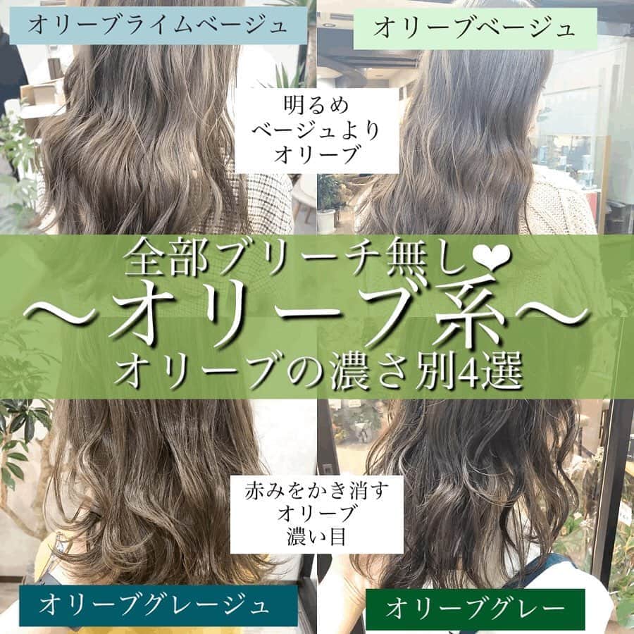 高砂 美容師 平岡歩 ヘアアレンジ Hairarrangeさんのインスタグラム写真 高砂 美容師 平岡歩 ヘアアレンジ Hairarrangeinstagram 全部ブリーチなし オリーブ系カラー 明るめ 暗め 4選 赤みが気になる人にもオススメのオリーブカラー