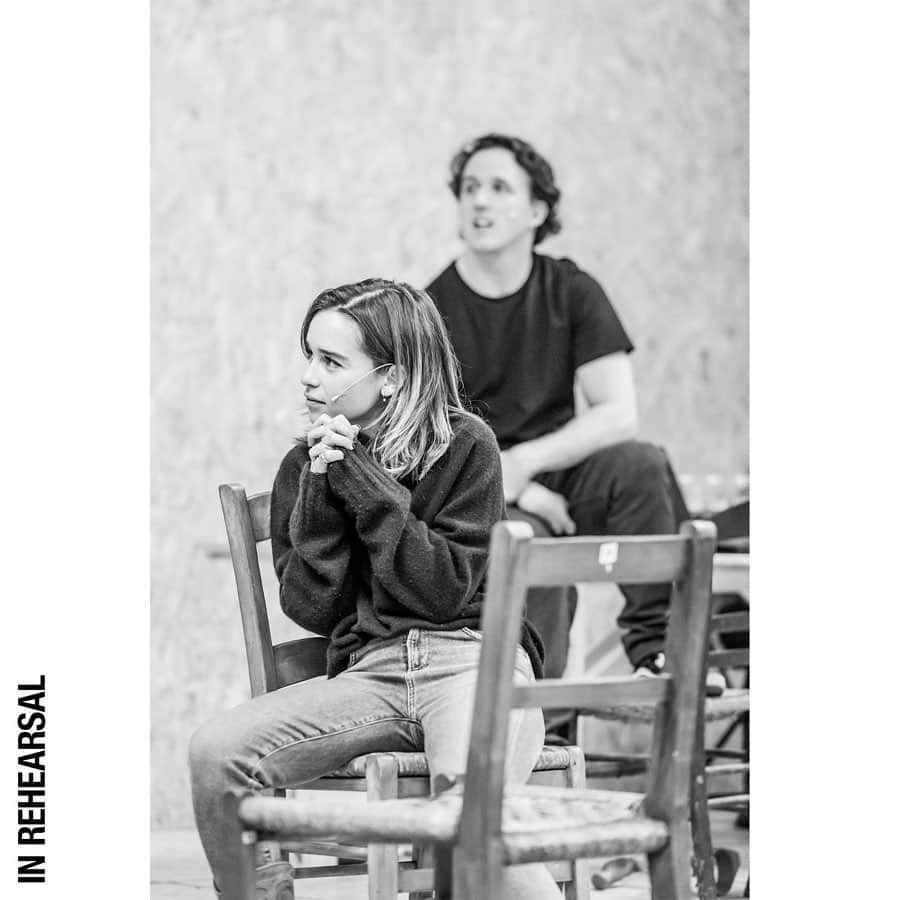 エミリア・クラークのインスタグラム：「Ah... the black and white thrill of rehearsal photos... here’s a little sneak peak at the moody, joyous, Russian intensity in action... all this coming to @playhousetheatrelondon  thanks to our fearless leader @jamielloydco from March 11th-May 20th.  Buy now if you dare.... 😎🏆🤘 #orifyoufeellikesettlingintoadamnfineplay  #hereiaminfullflowhappiness  #theatrebabyatheartandsoul #❤️ #🤩 📸 by @marcsbrenner 👏」