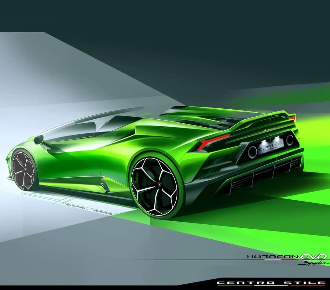 のインスタグラム：「A sketch this good is realized when the mind flirts with the canvas. This Huracán EVO Spyder sketched by Centro Stile Lamborghini shows the Lamborghini DNA in all its glory - the elegant lines, bold color, and stylish exterior. It's the obvious first step in creating something so luxurious.  #Lamborghini #HuracanEVOSpyder #EveryDayAmplified #CentroStileLamborghini」