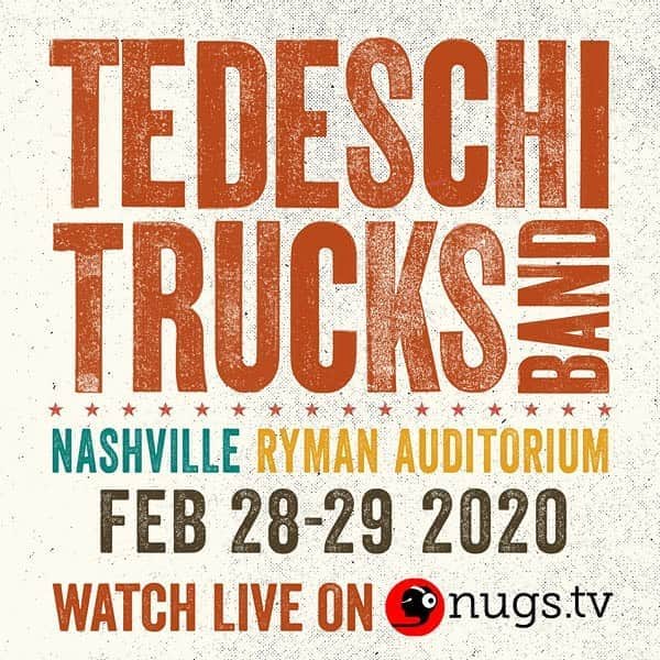 テデスキ・トラックス・バンドのインスタグラム：「Our family band is playing the mother church of country music this weekend and you’re all invited to tune in for our latest live webcast event.  On February 28 and 29 at 8pm, watch two sets of TTB live from the Ryman Auditorium in Nashville. Swamp Family Fan Club members can find their discount code for single show orders on the member home page and all others can order the webcast via nugs.tv.  These two shows are TTB’s last concerts until June and we’re planning on going into this break with a flourish, so please join us for a special weekend of music from one of the most visually stunning and historic live music venues in the world!」