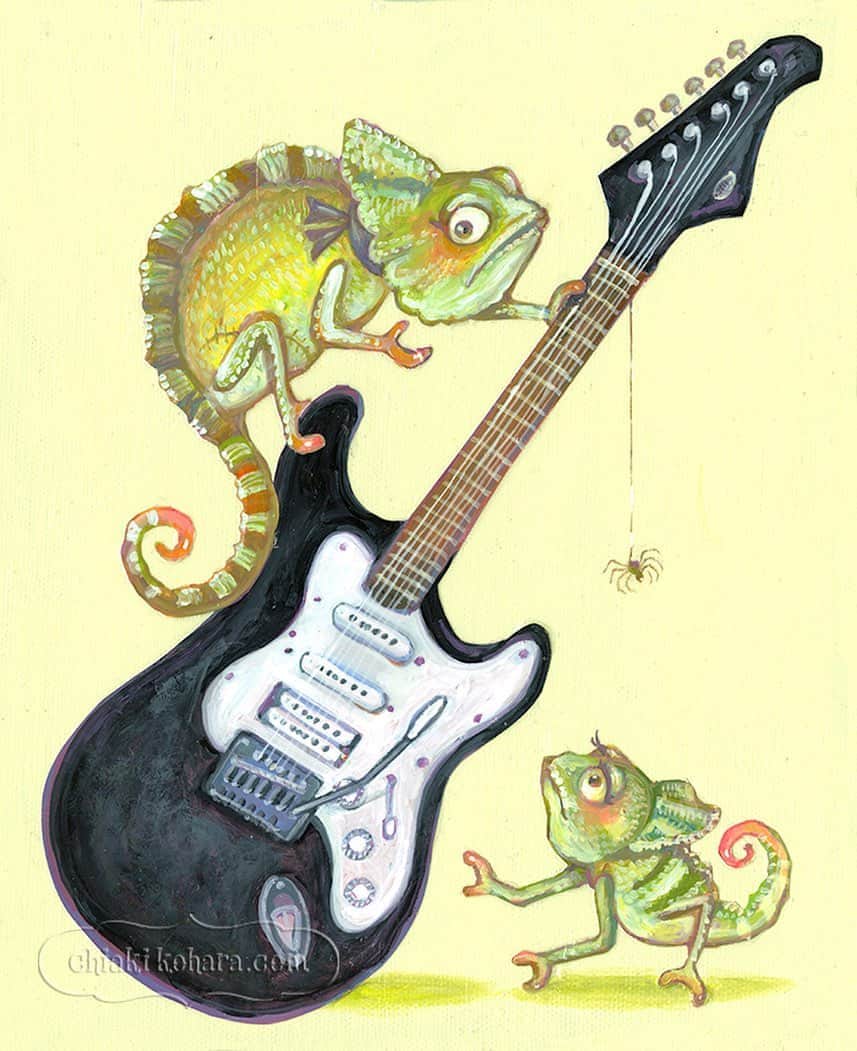 チアキコハラのインスタグラム：「《才能と本能と、運命と情熱だけで》 . #カメレオン #guitar #art#artwork #チアキコハラ #カメレオン久しぶりに描いてる。 #爬虫類#お絵描きアップがんばるよ #そういや去年描いた絵あげてないな」