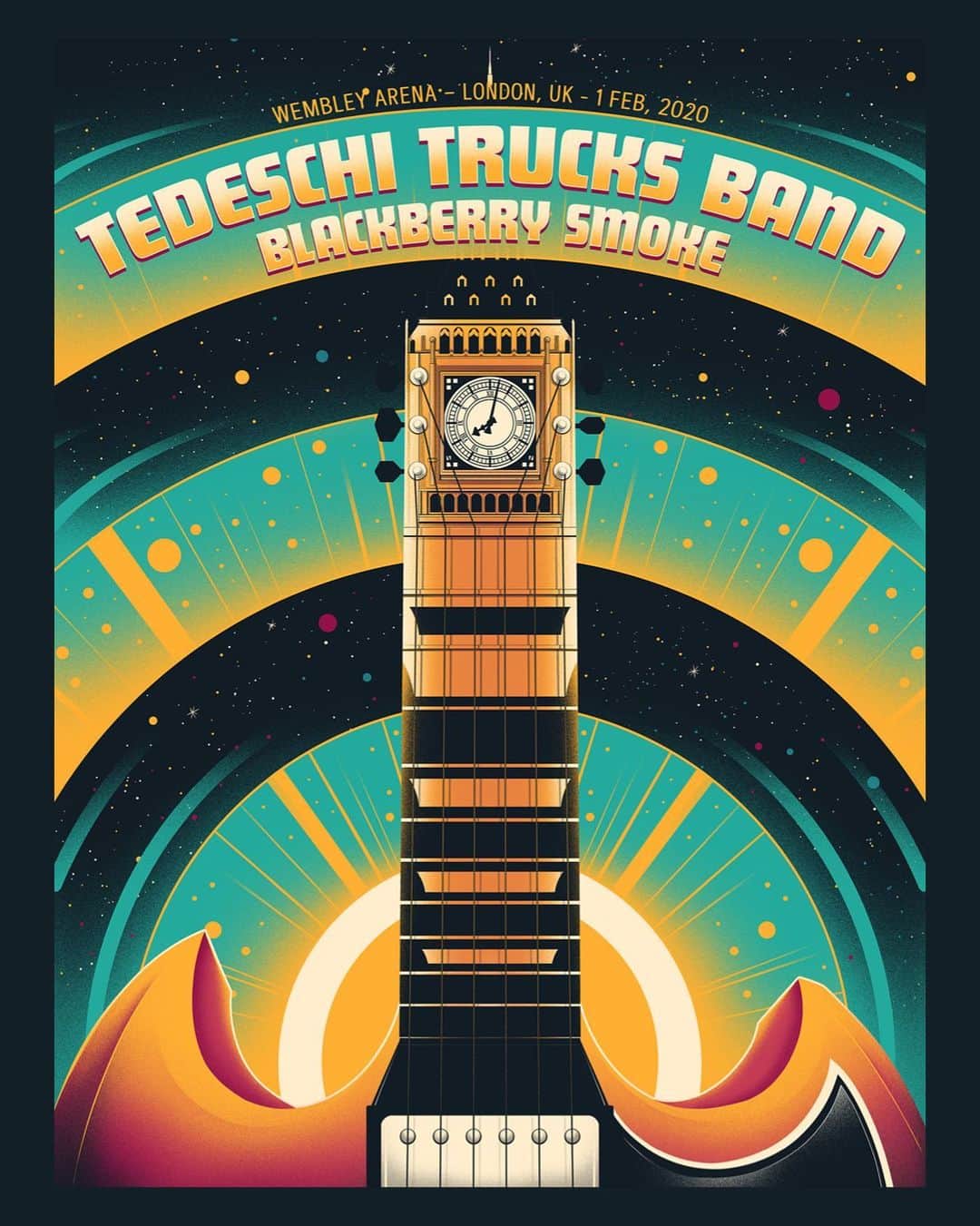 テデスキ・トラックス・バンドのインスタグラム：「TTB is in London one night only, tonight at @SSEarena Wembley. Doors open at 6:30, @blackberrysmoke hits at 7:30 sharp with TTB to follow.  When you enter the arena, keep an eye out for Macmillan Cancer Support and please consider donating if you’re able, and don’t miss the concert poster by @arnokiss: 18x24 with limited signed copies available at the merch tables.」