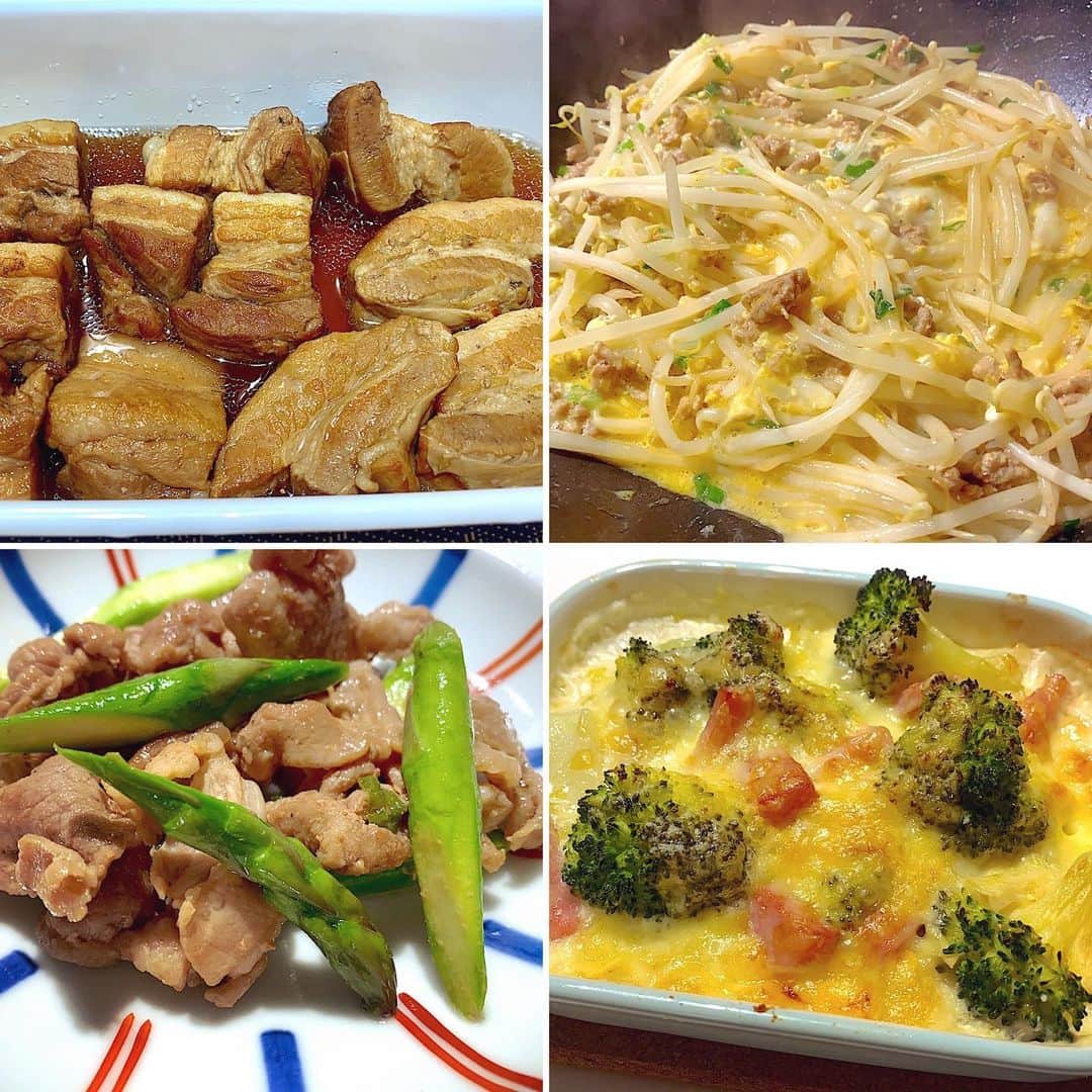 のインスタグラム：「今週の作り置き❣️ 角煮と煮卵 →もやしとひき肉の卵炒め →豚アスパラのニンニク醤油炒め→ブロッコリーのグラタン  味見したらどれも美味しかった。  #作り置きおかず」