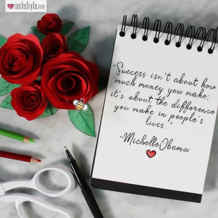 Rachel Ryleのインスタグラム：「Let this quote be a reminder to “bee” kind to one another. The most success you could possibly have is to make a difference in someone’s life through love & through kindness. This quote from @MichelleObama is a beautiful truth that we can all be successful in love. Go out, do good at your work & do great & good things! This is part of my monthlong series of Monday quotes honoring writers & leaders in #BlackHistory! If you have a suggestion for my next quote (and who it’s by) let me me know in the comments below! 💕🐝💕 PS I had so much fun making these paper roses as a tribute to Michelle’s rose garden! I made one for each Obama...and their little dog, too! 🌹❤️🐶#BlackHistoryMonth #stopmotion #animation #art #drawing #illustration #quotes #collection #lettering #uplifting #motivational  #love #success #impact #MichelleObama #Obama #bekind #dogood」